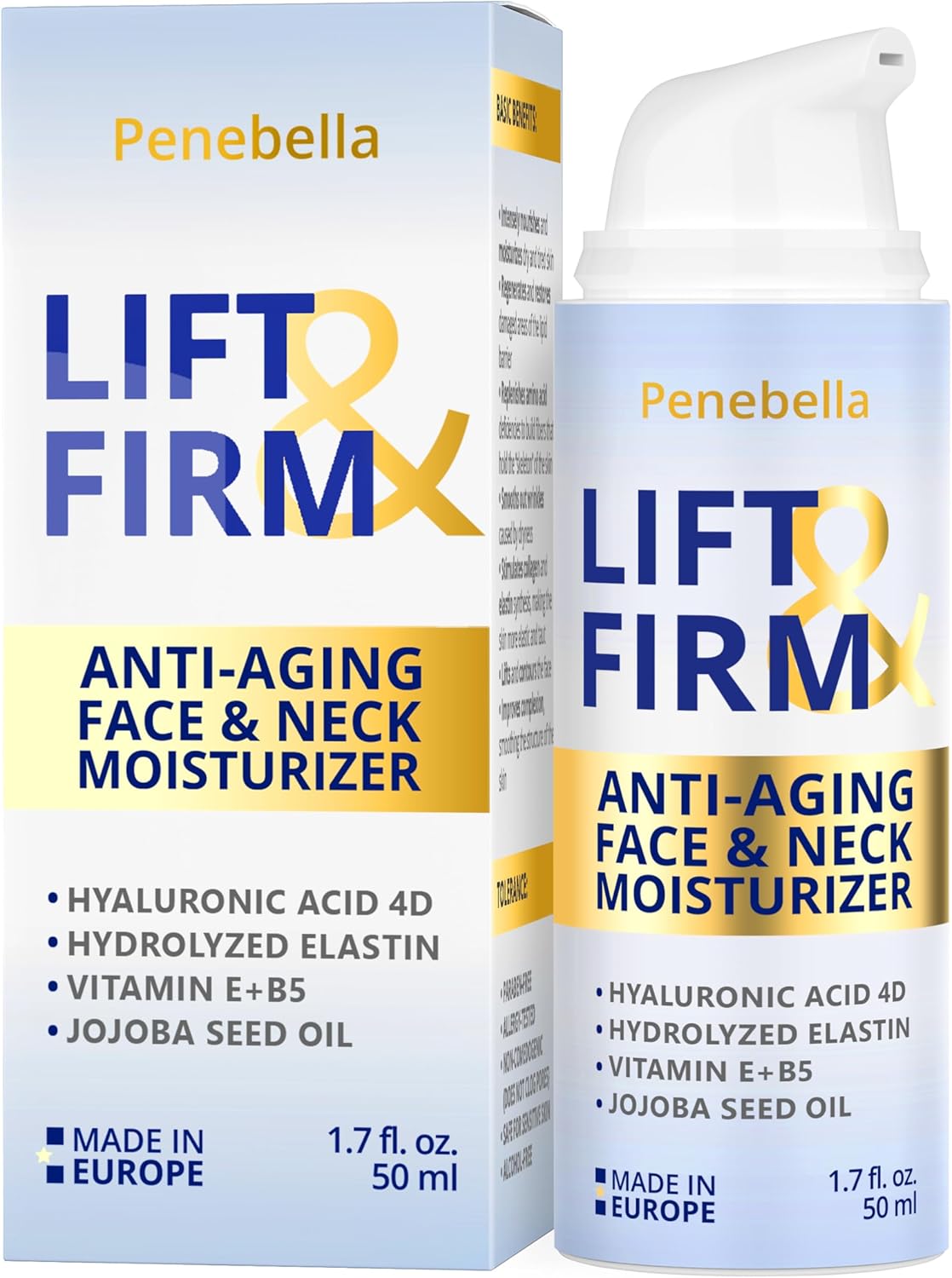 PENEBELLA Face & Neck Cream for Tightening and Firming – Hyaluronic Acid 4D, Vitamin E + B5, Elastin – Made in Europe – Lift & Firm Cream – Face Moisturizer Anti Aging Treatment for All Skin