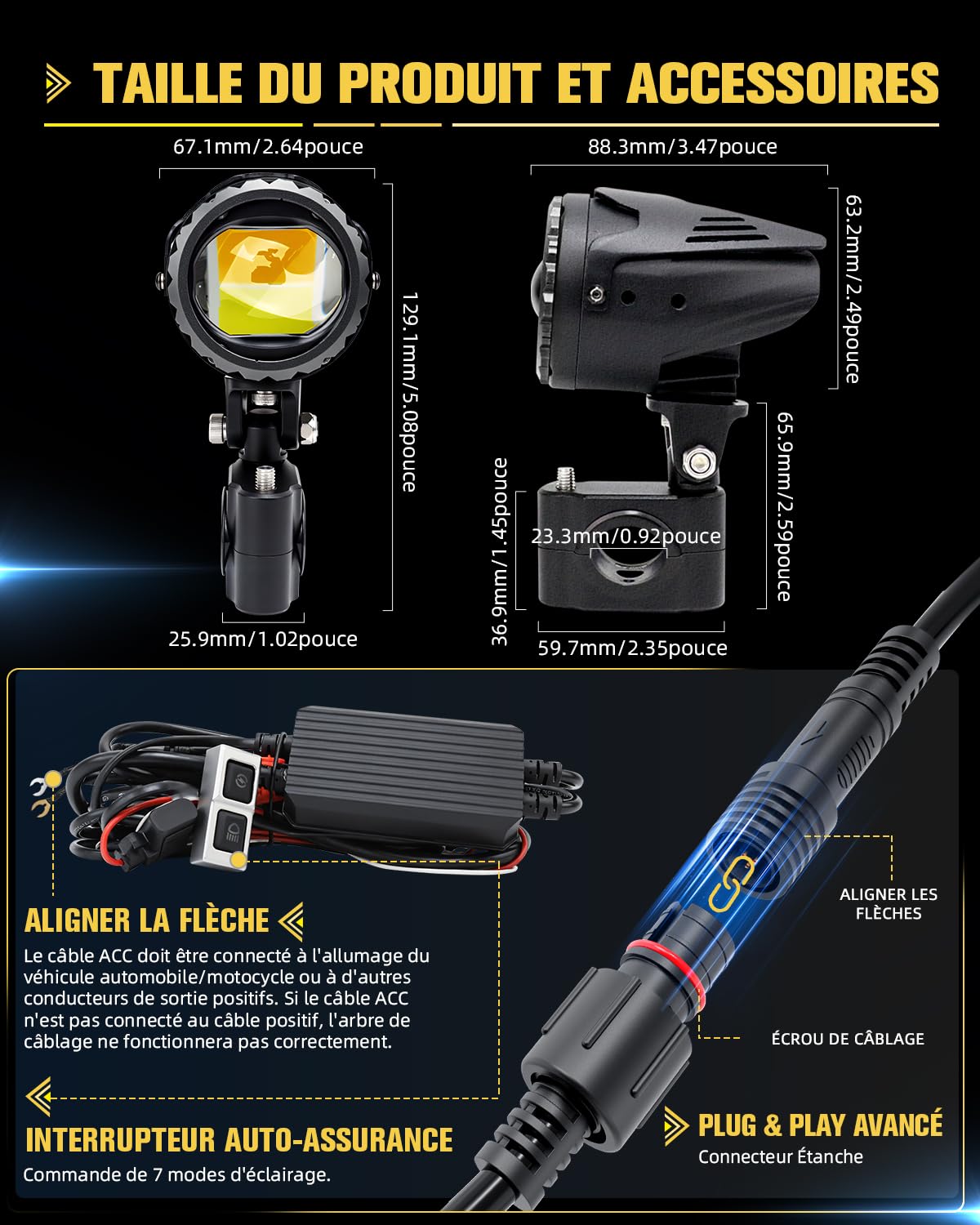 BraveWAY 70W 35000LM Feux Antibrouillard Moto, Feux Additionnels Moto 7 Modes Stroboscopiques de Conduite Avec Auxiliaire Blanc Ambre Kit de Faisceau de Câbles Plug and Play et 2 Supports de Montage