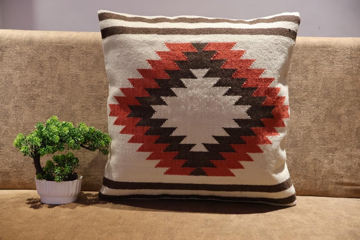Handmade 100% Wool Kilim Pillow Cover – 18x18 Inches, Durable Indian Cushion Case, Premium New Zealand Wool for Home Decor (White, Pack of 4)