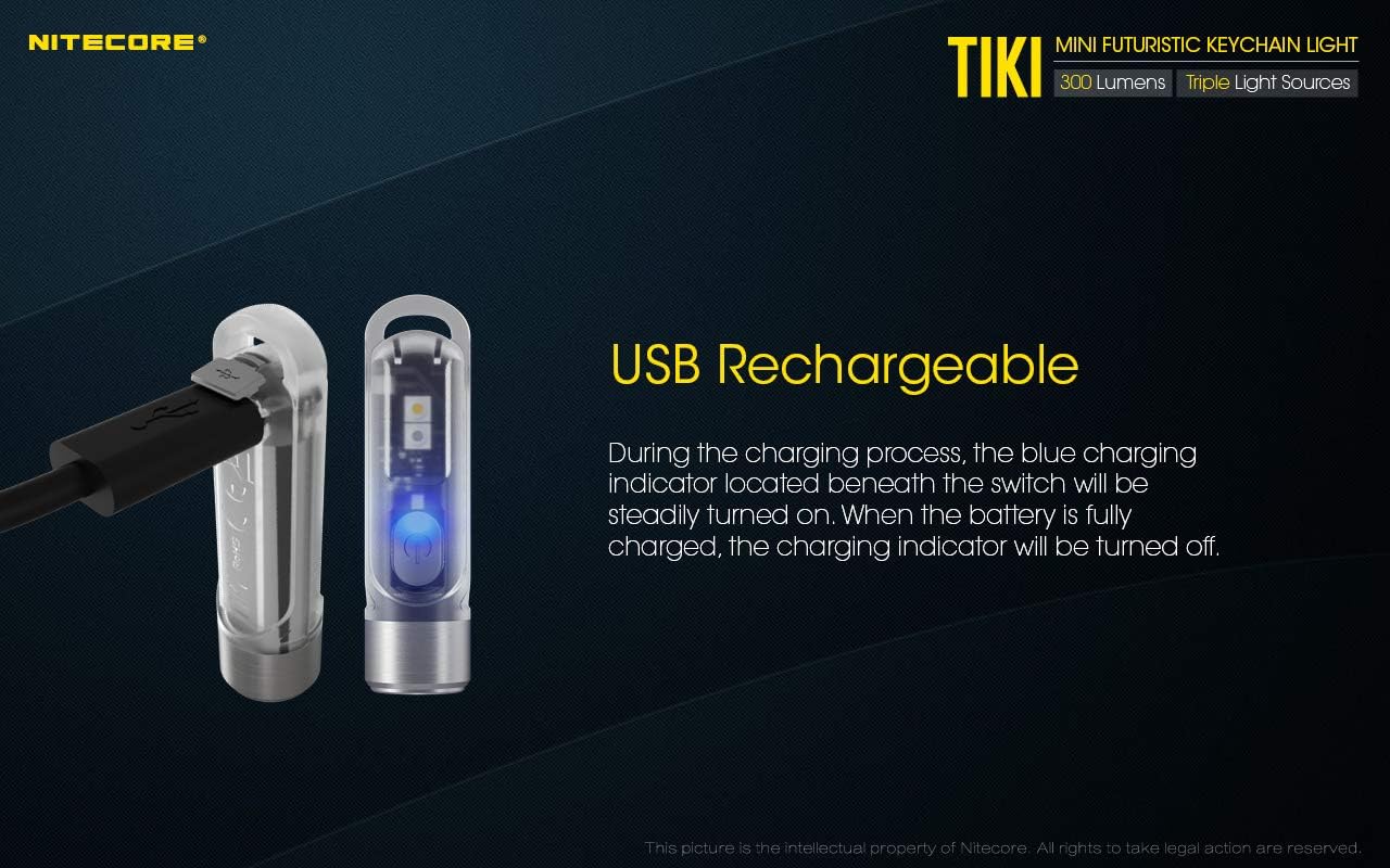 Nitecore TIKI 300 lumen micro USB rechargeable keychain flashlight with EdisonBright brand USB charging cable