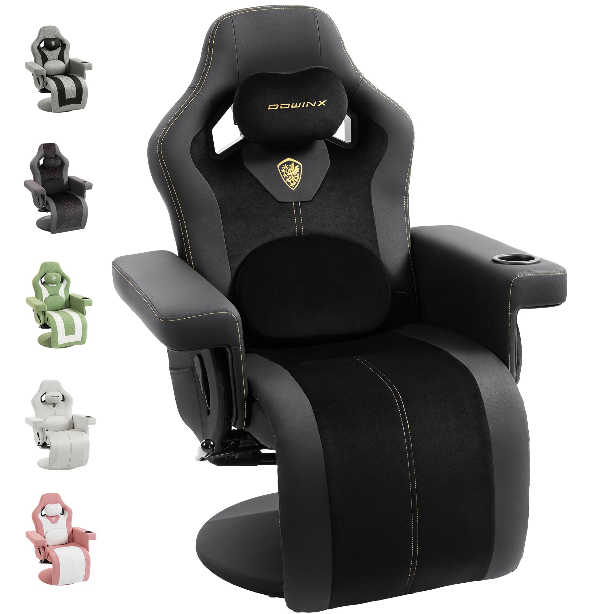 Dowinx Poltrona relax da gaming con funzione massaggio Shiatsu, poltrona TV con funzione reclinabile 90°-135° e poggiapiedi, sedia da gaming girevole a 360°, senza ruote, portabicchieri, tasche