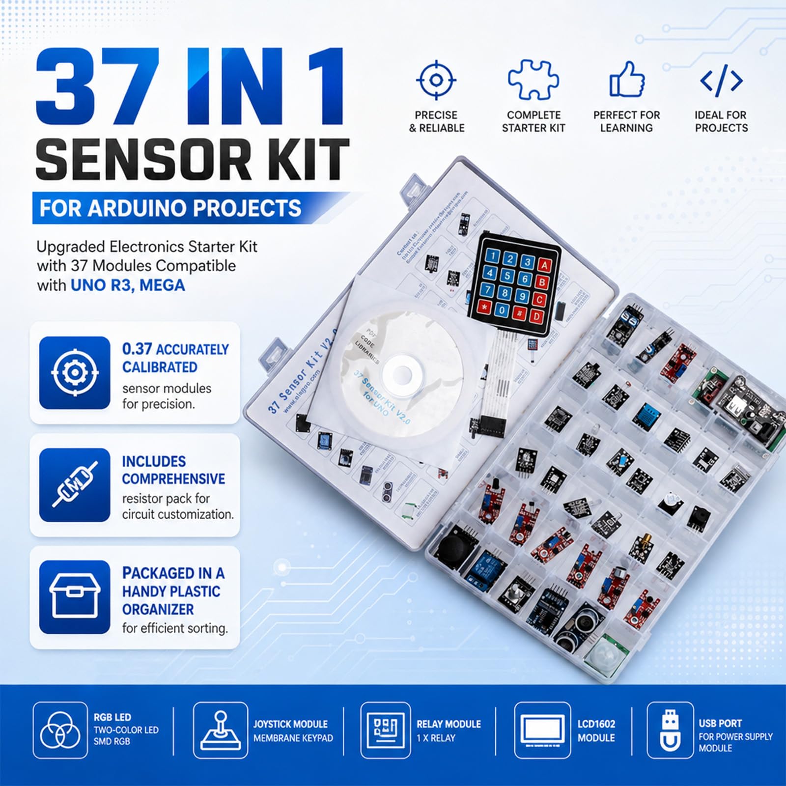 Kit elettronico aggiornato 37 in 1 - Kit sensore arduino con Tutorial per uno r3 mega Nano - Starter kit per sensori arduino e esp32
