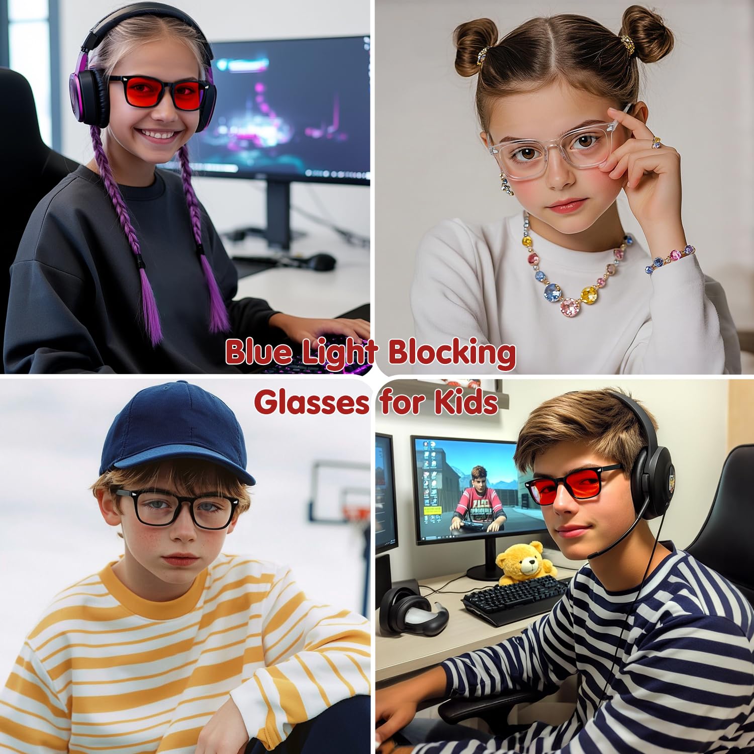 Lunettes anti-lumière bleue pour enfants, garçons, filles, adolescents, lunettes d'ordinateur avec cadre incassable et protection contre l'éblouissement