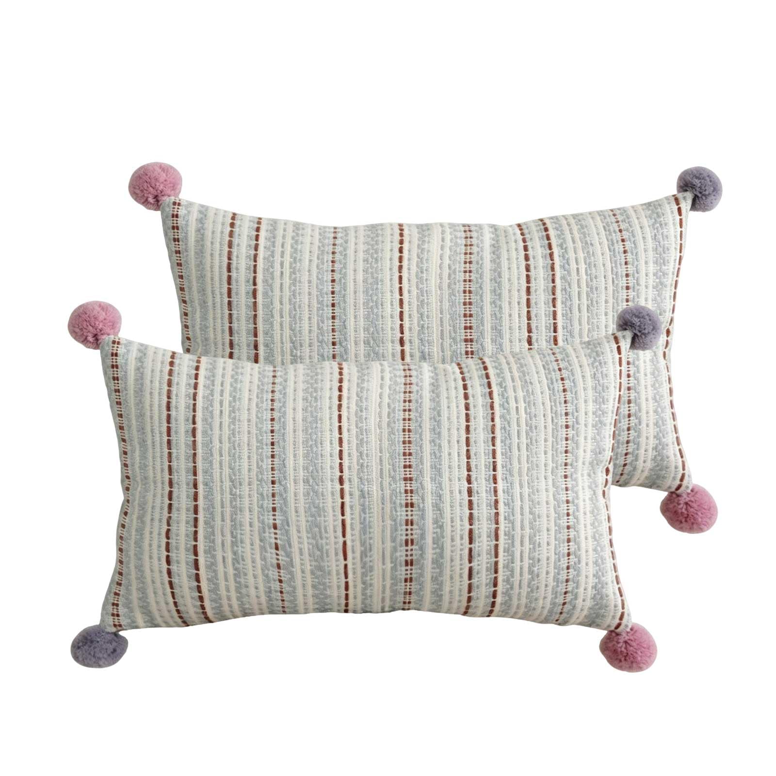 Bcciapln Ice Bluea Striped Textured Boho Throw Pillow Covers With Pom Pom