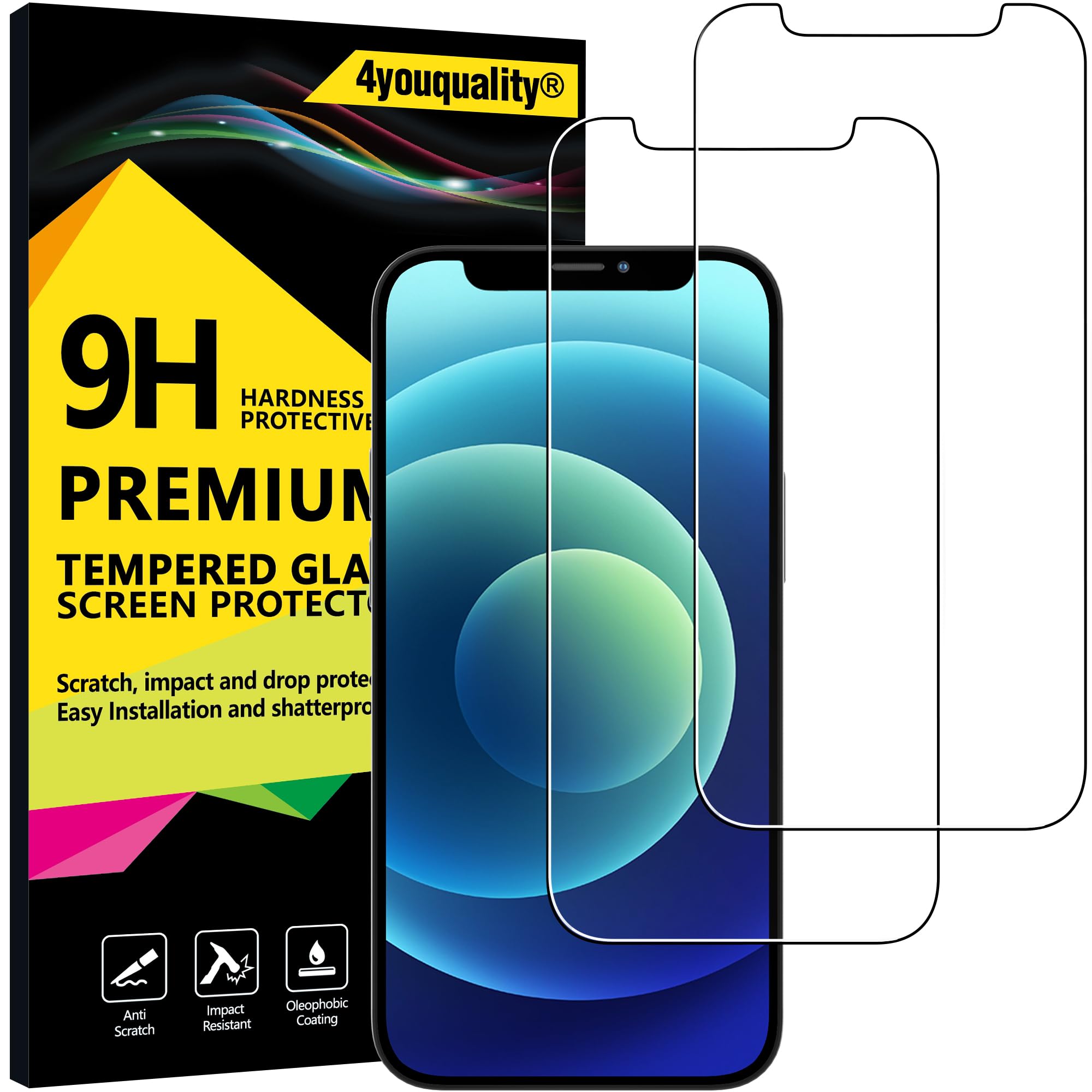 4youquality Screen Protector for iPhone 12 Mini (5.4-Inch), Tempered Glass Film, 2-Pack, [LifetimeSupport][Impact-Resistant][Anti-Shatter][Anti-Scratch]