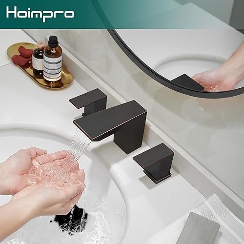 Miniatura 3 de Hoimpro Grifo de baño de 3 agujeros de 8 pulgadas, cascada de dos manijas con drenaje desplegable, grifo de fregadero de baño con mangueras de