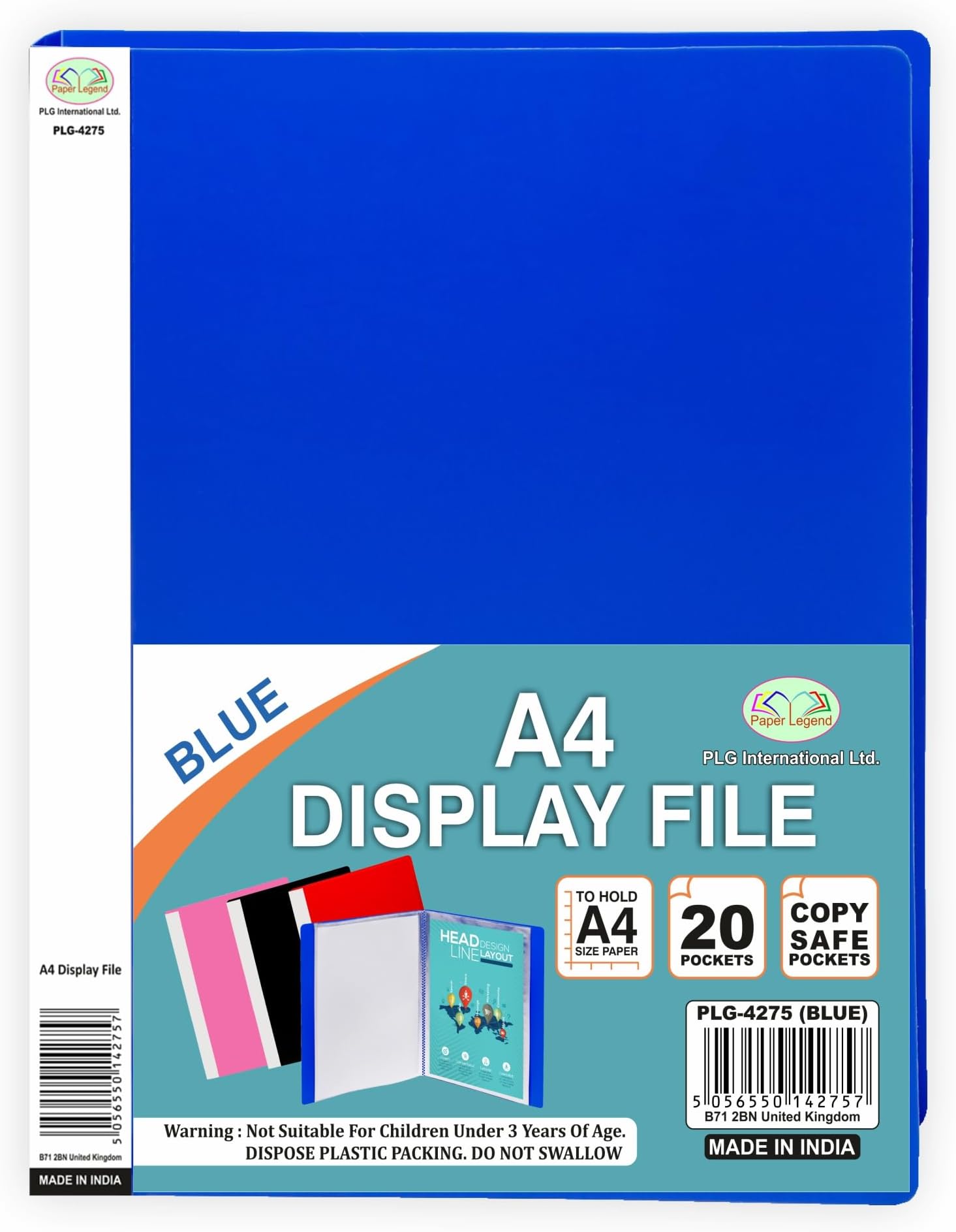 A4 Presentation Display Book - 20 Clear Pockets per Folder | Durable Plastic Display File Document Organizer, Portfolio Binder for Certificates, Art, Music Sheets, School Projects (Blue)