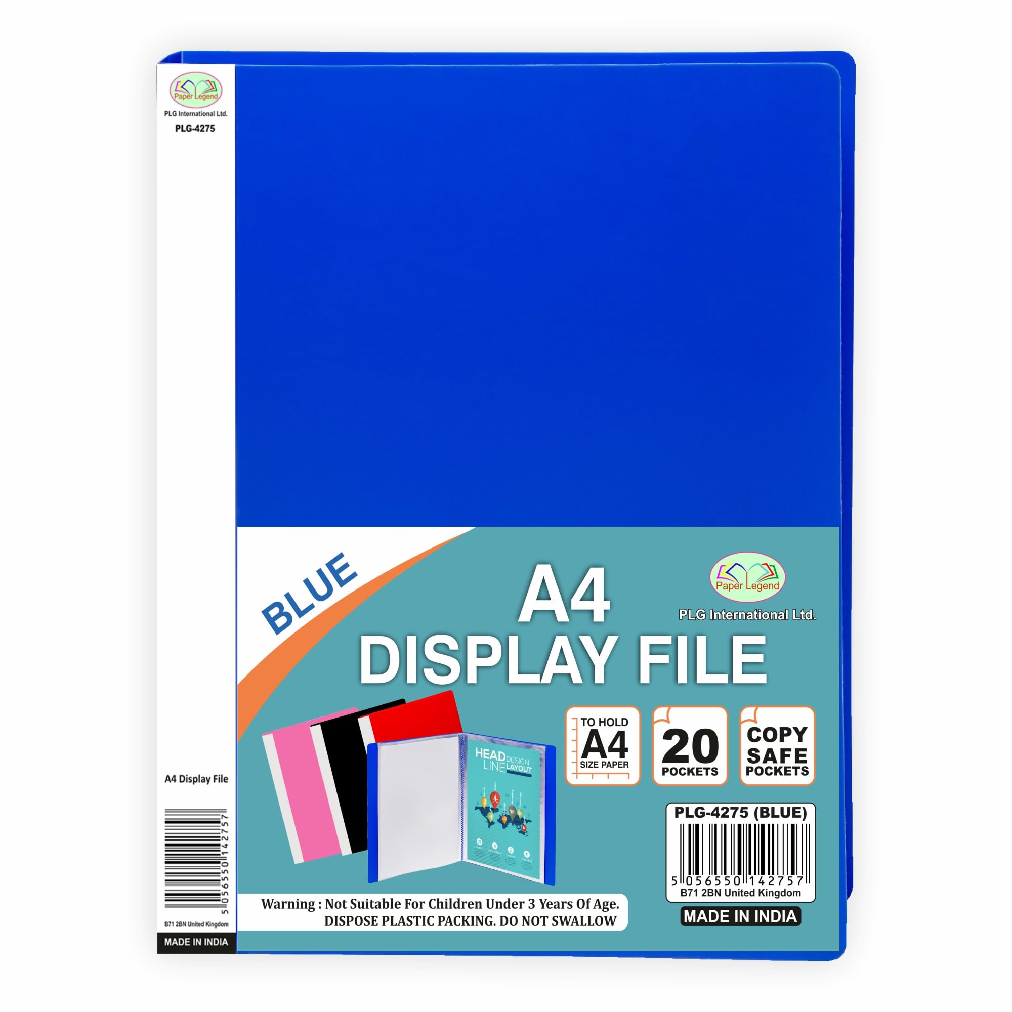 A4 Presentation Display Book - 20 Clear Pockets per Folder | Durable Plastic Display File Document Organizer, Portfolio Binder for Certificates, Art, Music Sheets, School Projects (Blue)