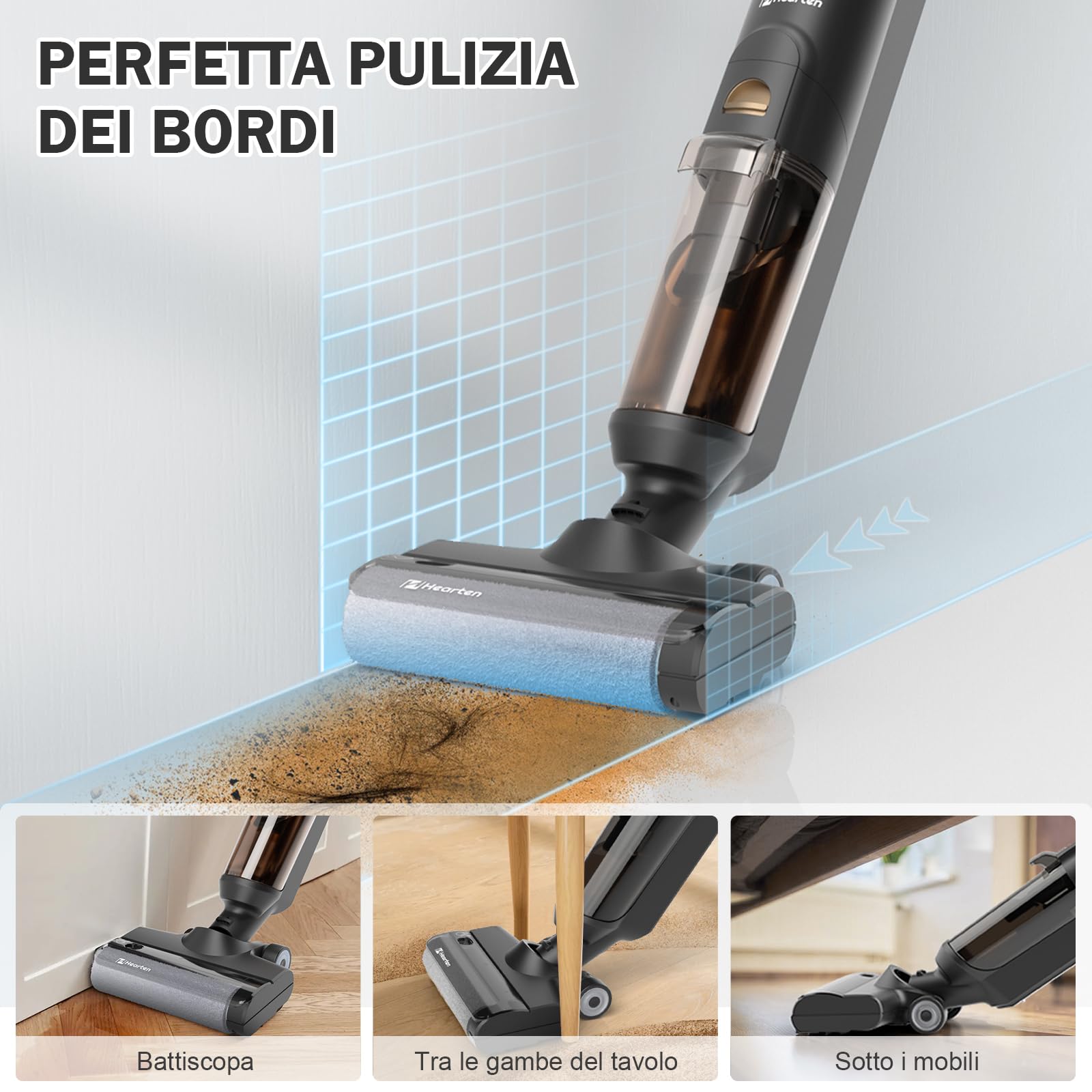 Hearten Lavapavimenti Senza Filo,Aspirapolvere Lavapavimenti Smart 3 in 1, Aspira e Lava, Auto-Pulente, Anti-Groviglio, Display LED – 0,7 mm, Regolazione Automatica, Per Peli Animali Scrubber