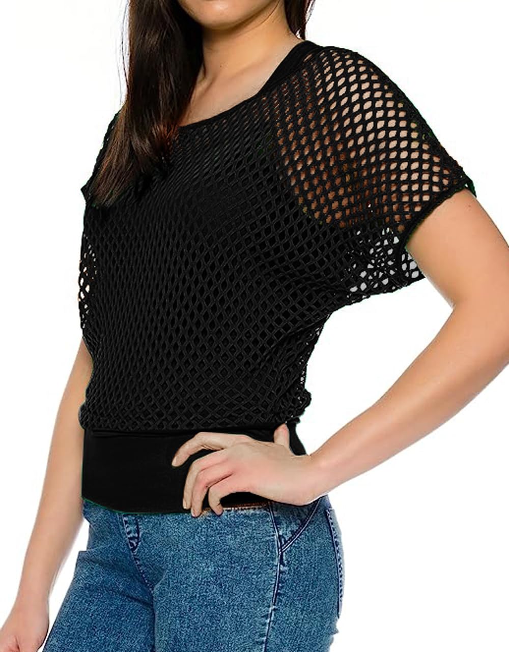 ELFIN Damen Netzshirt Netztop Netzhemd 80er Jahre Outfits Karneval Fasching Motto Party Tops Netzoberteil Sommertops