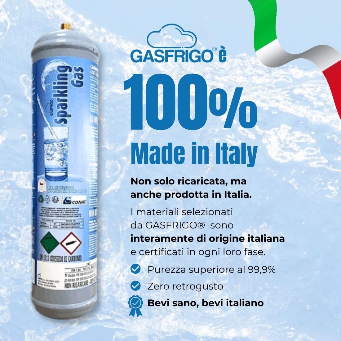 Bevi sano, bevi Italiano! GASFRIGO® Set 10 Bombole CO2 per Gasatore e Depuratore Acqua Frizzante - Ricarica 600g E290 Alimentare - Attacco M11x1 - Convenienza Totale Stock - 100% Made in Italy