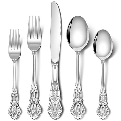 Stapava 30 Pcs Gorgeous Retro Royal Silverware Set, Stainless Steel Cutlery Flatware Set for 6, Include Forks Spoons and Knives set, Dishwasher Safe Utensils Set, Mirror Polished - 30 - Retro Royal Silver
