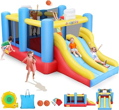 WHUBEFY Bounce House, Inflatable Bounce House Double Slide for Kids 3-10 with Blower Included, Indoor/Outdoor Kids Bouncy House for Backyard,Blow up Jumping Castle with Wide Slide,Jumping Area,2 Hoops