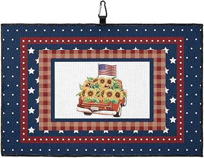 OComster Retro Red Truck with Sunflowers Golf Towel with Carabiner Clip, Dots Star Lace Independence Day Microfiber Waffle Pattern Golf Towel, Golf Accessories for Cleaning Clubs and Balls, 24x16 in