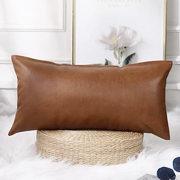 PANOD Decorative Lumbar Throw Pillow Covers 16 x 26,Premium Faux Leather Long Pillow Covers Cushion Case for Farmhouse Sofa Couch Bed Livingroom,Modern Boho,Vegan Brown