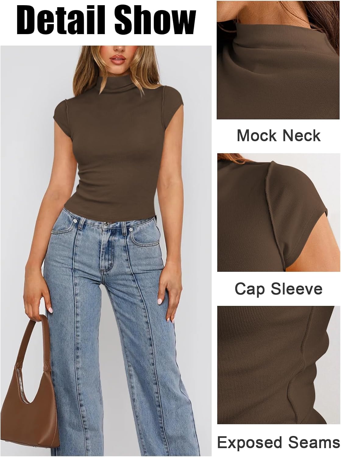 Womens Cap Sleeve T Shirts Mock Neck Tops for Women Y2k Knit Slim Fit Tee Casual Basic Crop Going Out Top - Image 4