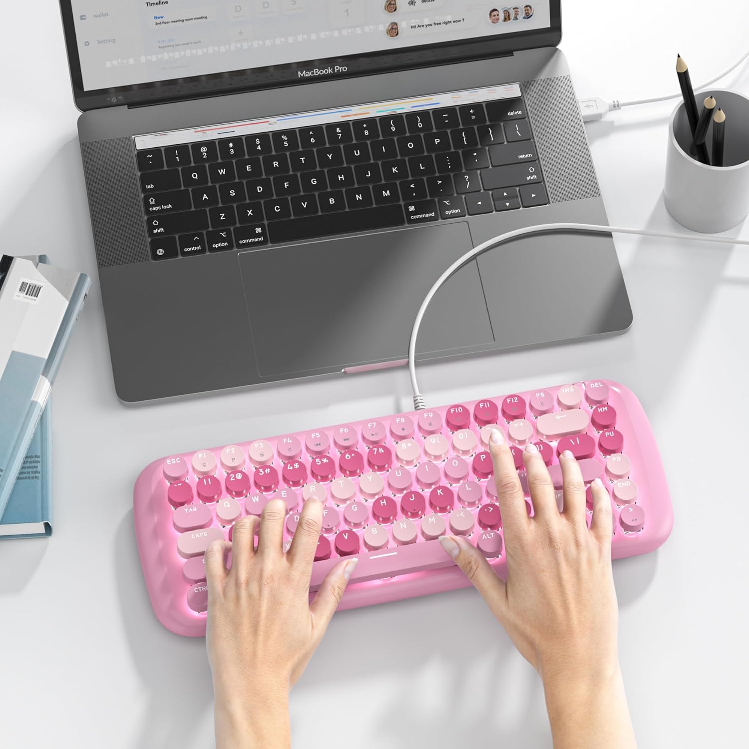 Pink Creamy Mechanical Gaming Keyboard, Aesthetic w/White Backlit, 84 Keys Cute Retro Typewriter Computer Keyboard Wired, Round Keycaps for Windows/PC/PS5