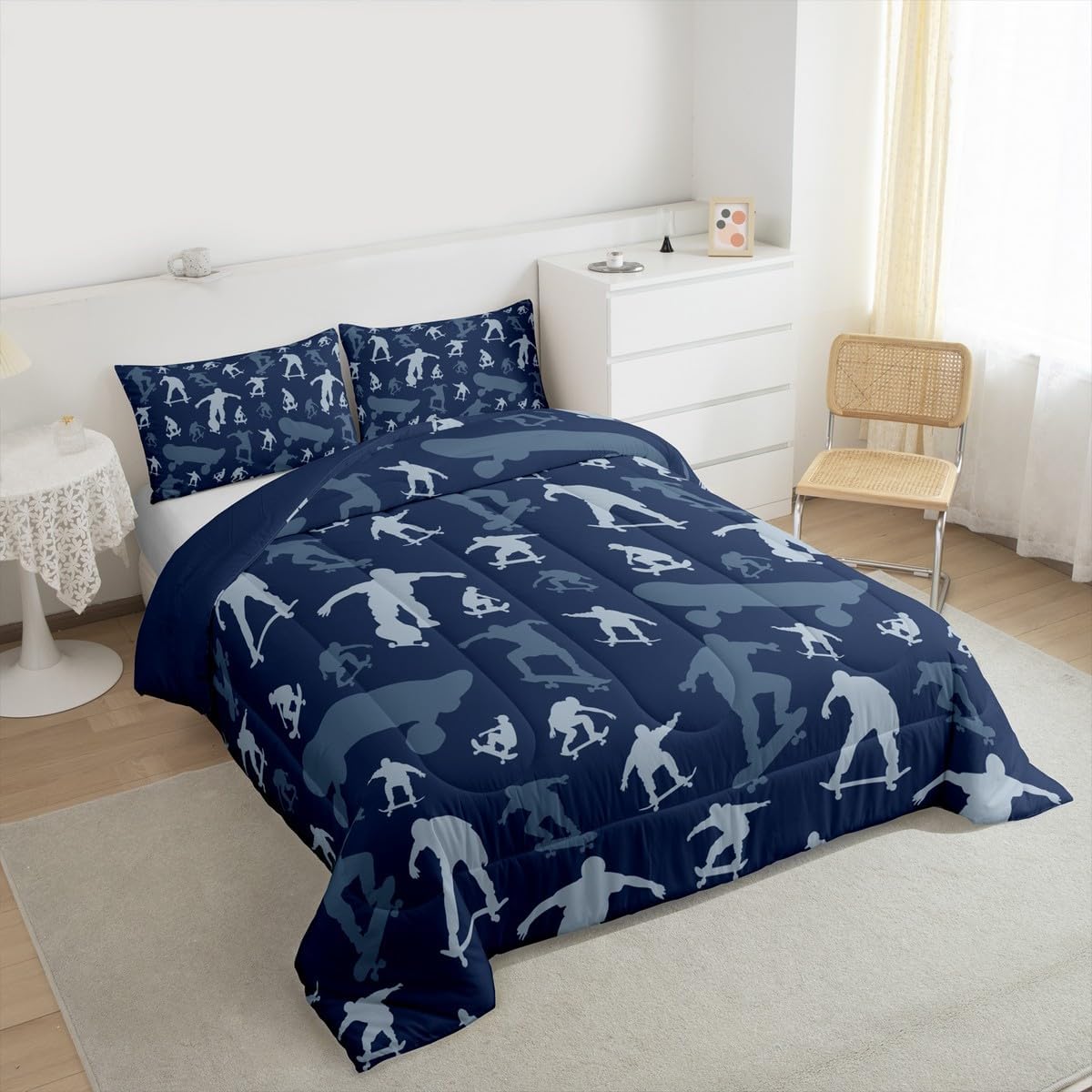 Boy Skateboard Comforter Set Twin Size,Skateboarding Print Bedding Sets 2Pcs for Kids Girls Boys Women Room Decor,Extreme Sport Gameing Quilted Duvet Modern Navy Blue Down Comforter,1 Pillowcase