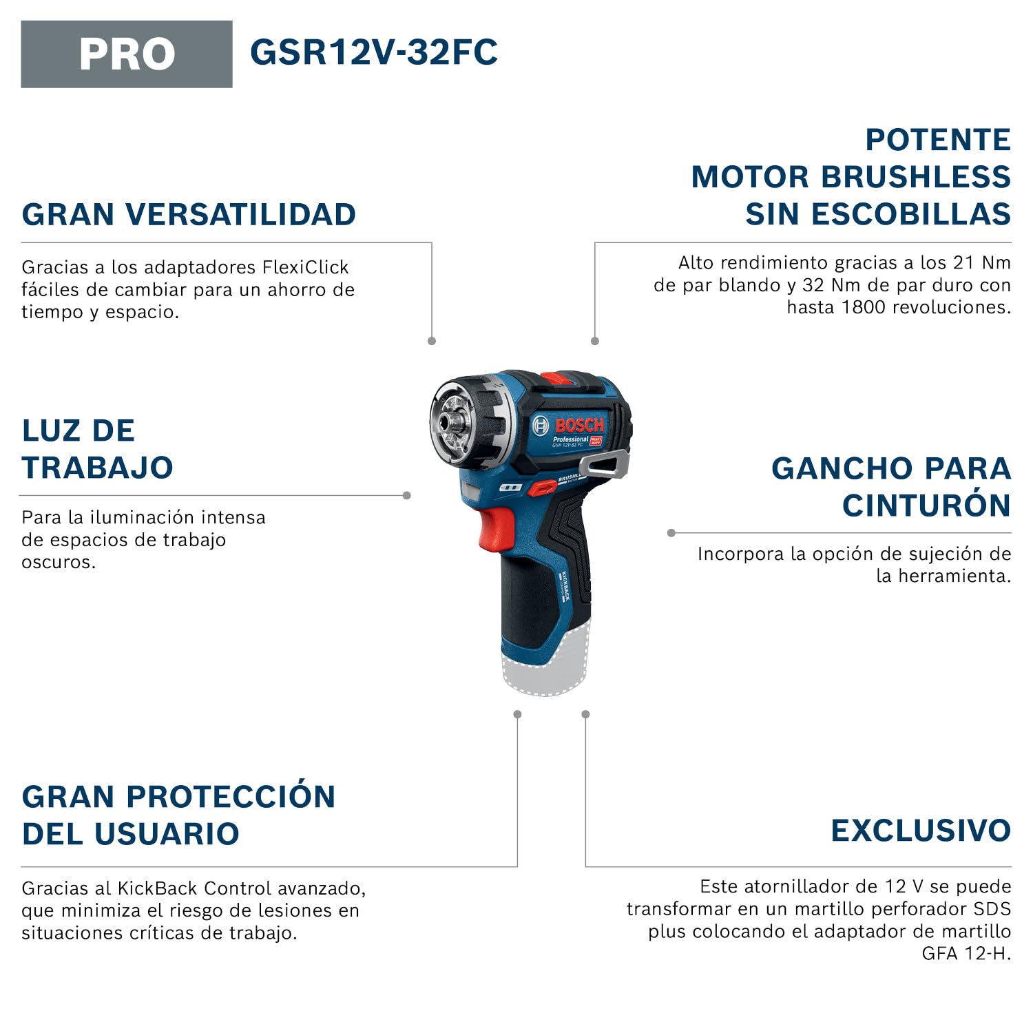 Bosch PRO 12V System Atornillador a batería GSR12V-32FC (incl. GFA 12-M, GFA 12-X, GFA 12-E, GFA 12-W, GFA 12-H, empuñadura auxiliar, medidor de profundidad, L-BOXX)