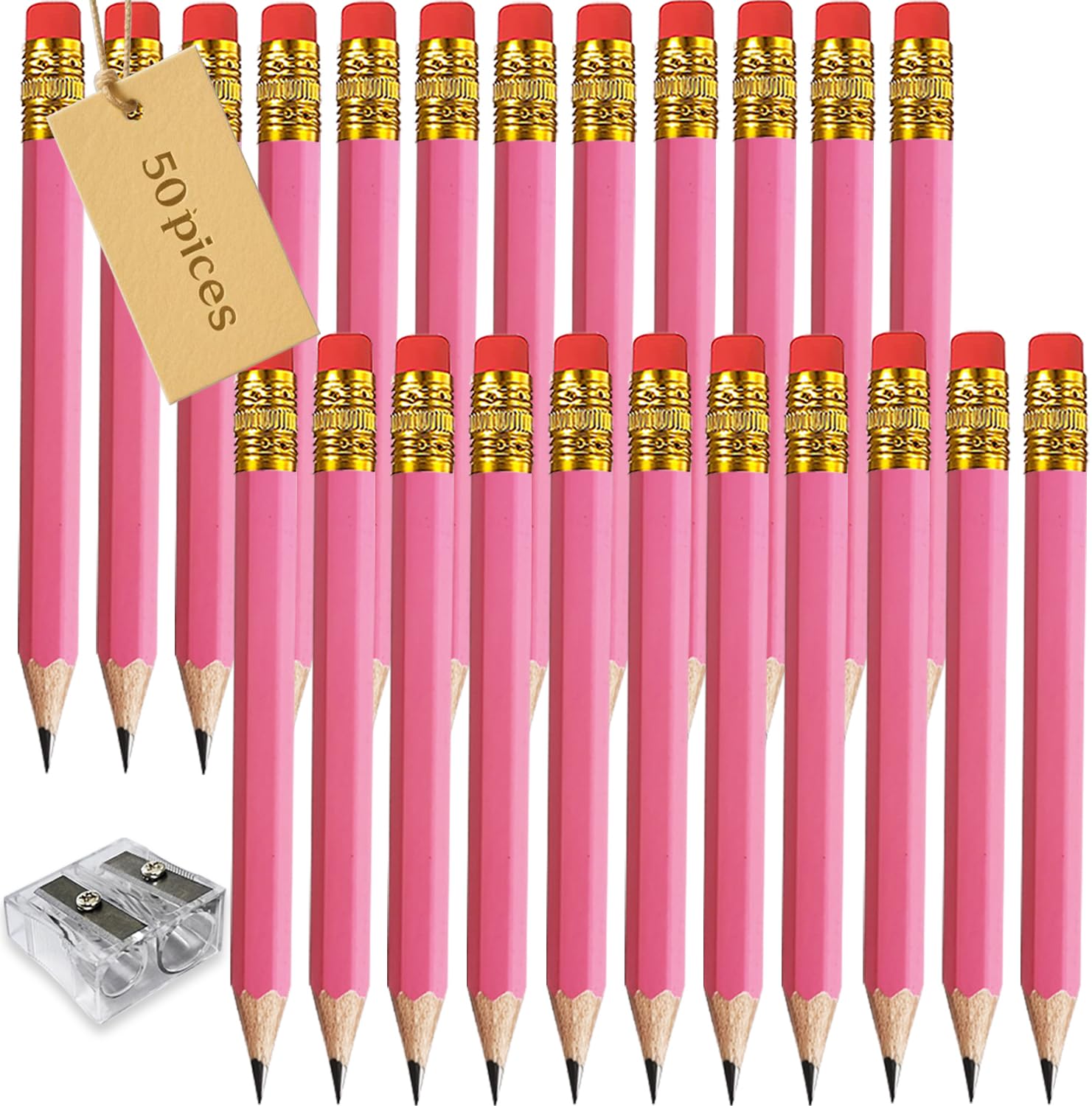 Adhere 25 x Golf-Bleistifte mit Radiergummi, sechseckige Holzstifte, Graphit 2B, für Golf-Events, Klassenzimmer, Hochzeit, Firmenbesprechungen, Kirchenbänke, Pocket (z-Pink, Sechseck, 50 Stück)