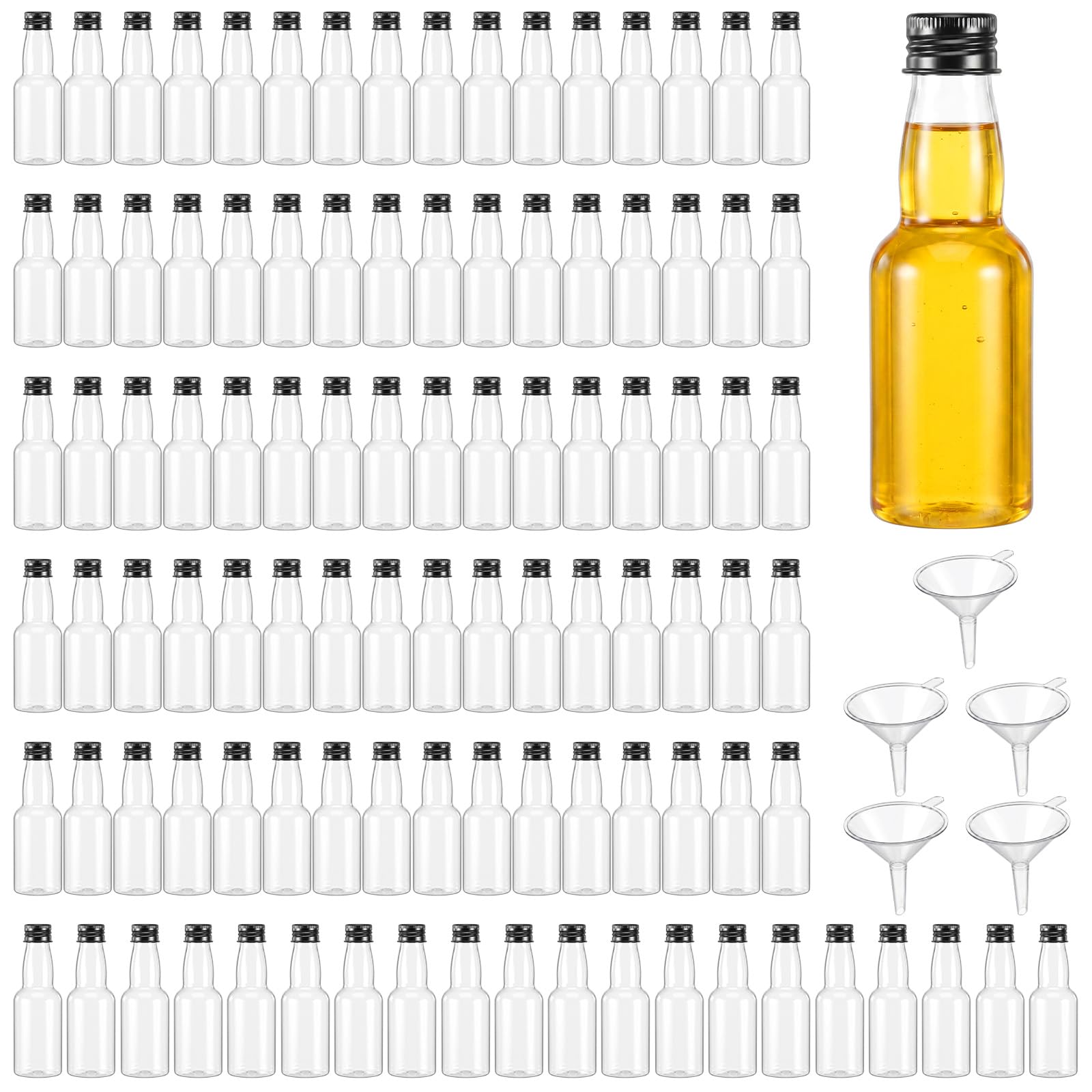 View 1 of 100 Pack 2 oz Mini Liquor Bottles, Clear PET Plastic Spirit Shot Bottles with Airtight Black Aluminum Caps & Funnels for Party Favors, Weddings, and DIY Cocktails