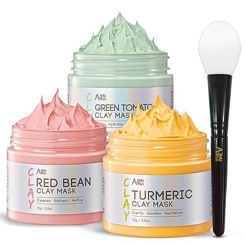 ANAiRUi Gesichtsmasken-Set: Grüne-Tomaten-Tonmaske + Kurkuma-Gesichtsmaske + Rote-Bohnen-Porenmaske - Tiefenreinigung, Ölkontrolle & Porenverfeinerung, 210g - grün