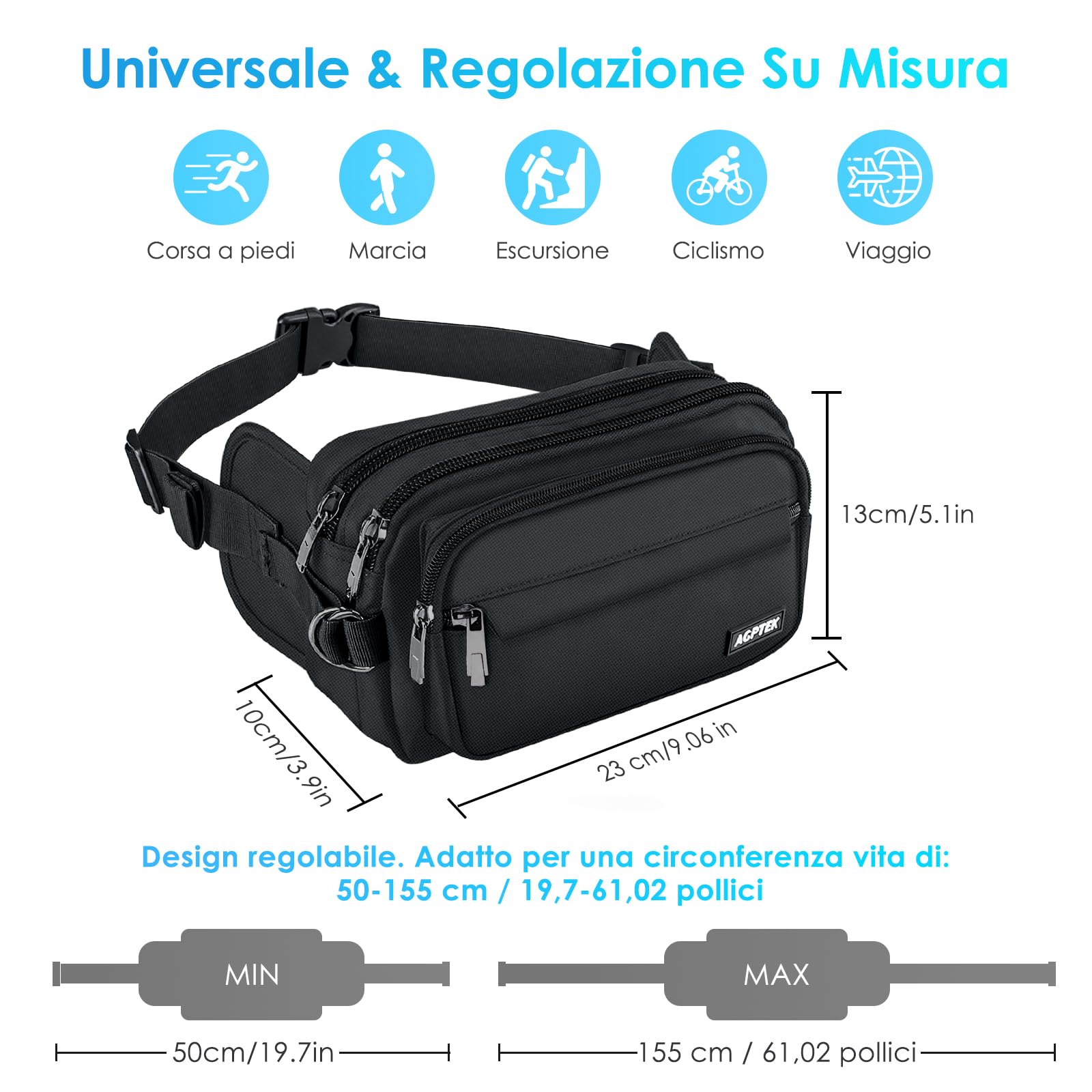 AGPTEK Marsupio Sportivo Uomo Donna 5 Tasche Lavoro Grande RFID Portasoldi Cintura Regolabile Corsa Campeggio Viaggio