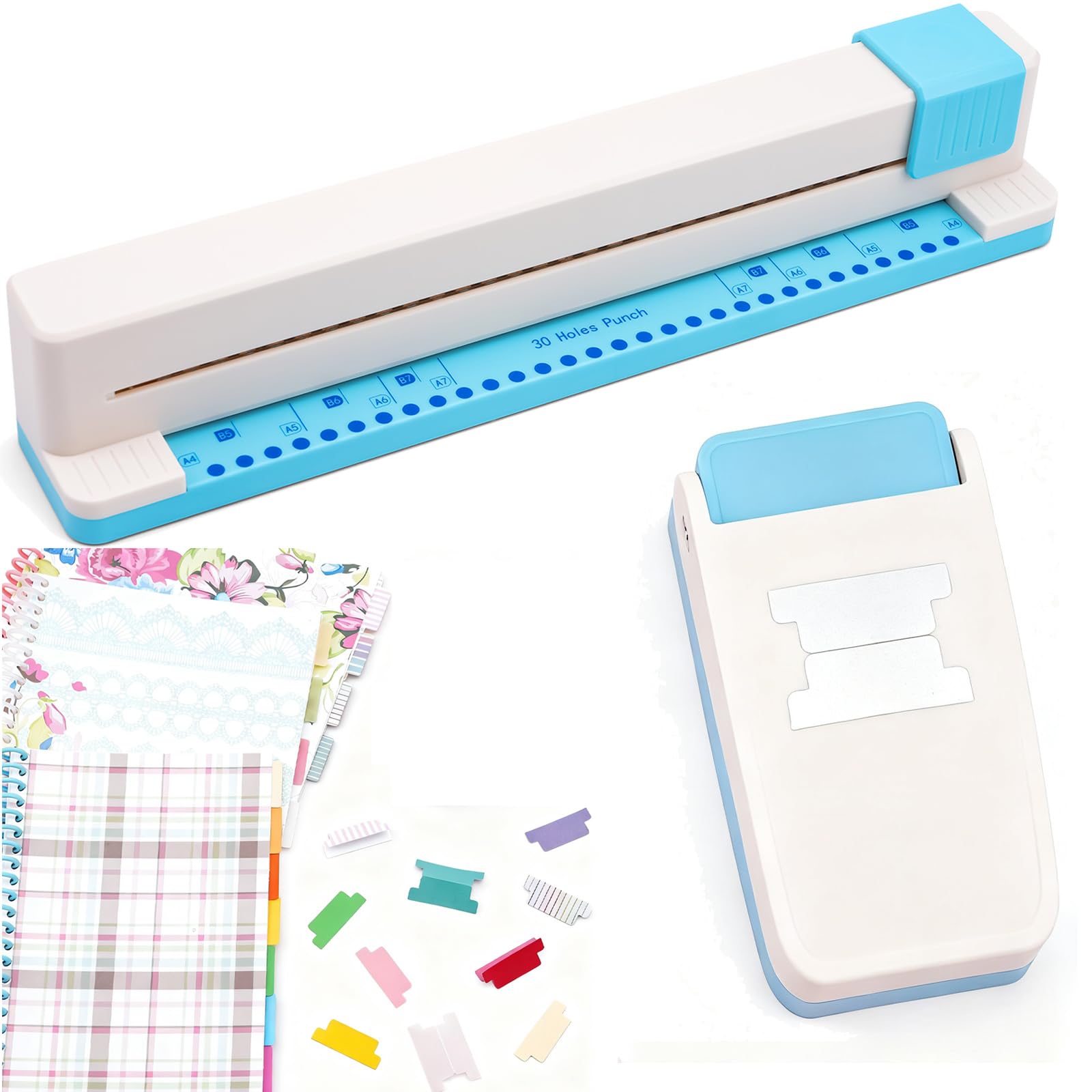 2 Pcs/Sets 30 Holes Binding Punch and Tab Machine, Loose Leaf Paper Punch Machine for Planner, A4 A5 A6 A7 B5 B6 B7 Book Binder Hole Puncher, DIY Tab Maker for Journals Notebooks Scrapbook Albums