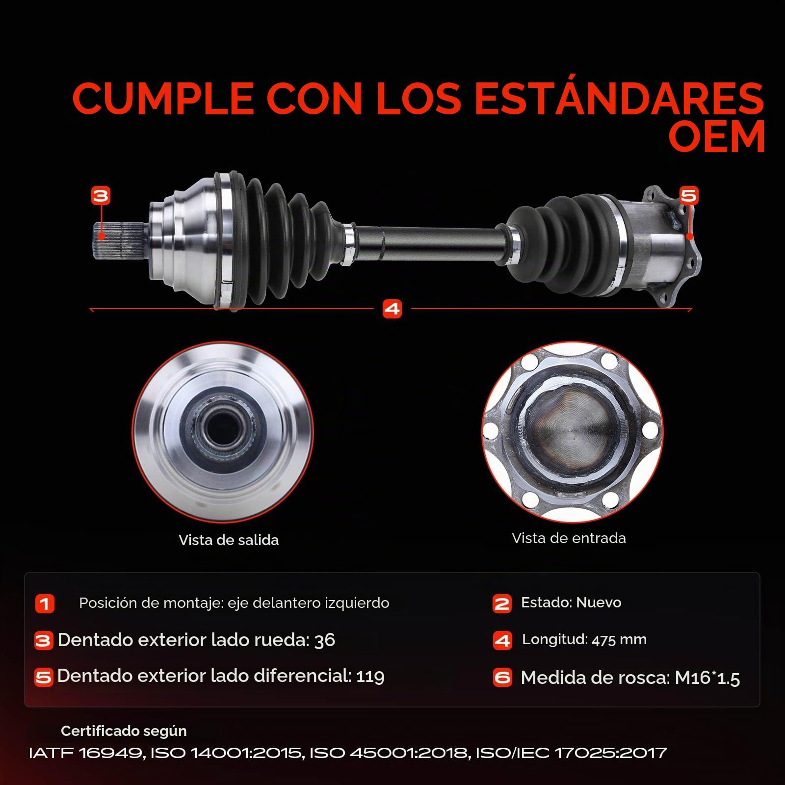 Frankberg Eje de transmisión semieje eje delantero izquierdo 1K0407271KA | Compatible con Altea XL 5P5 5P8, T.o.u.r.a.n 1T1 1T2, CC 358, Golf Plus 521 5M1, O.c.t.a.v.i.a II 1Z3
