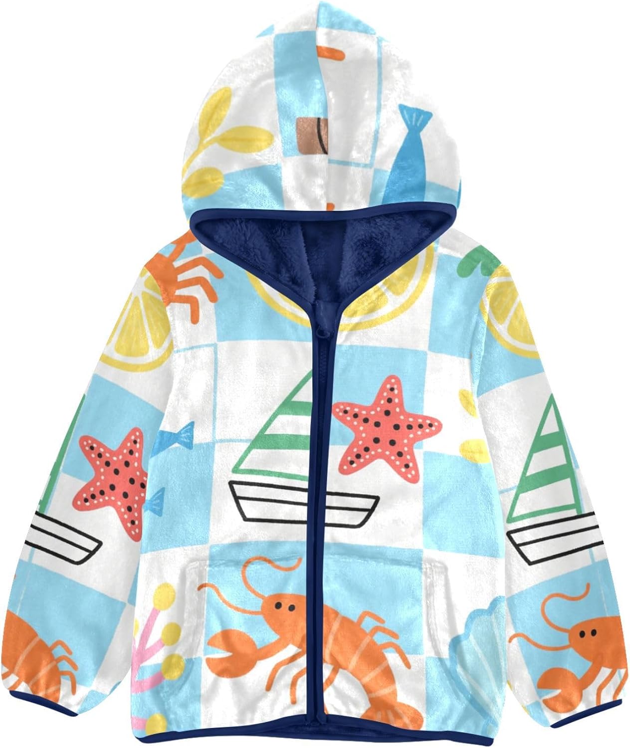 Orange Crab and Lobster Beach Toddler Fleece Zip Up Outerwear Jackets & Coats Navy Blue Baby Hoodie for Boys 3T