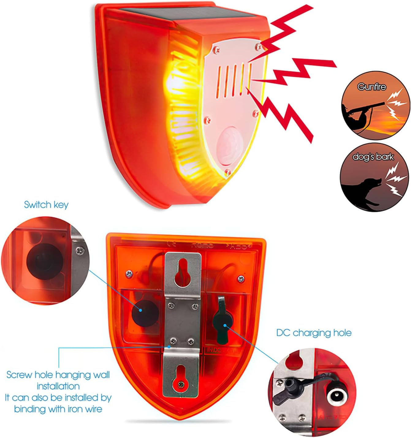 Retounen view of SENCKIT Solar Motion Sensor Alarm showing switch key, DC charging hole, and screw holes for wall installation