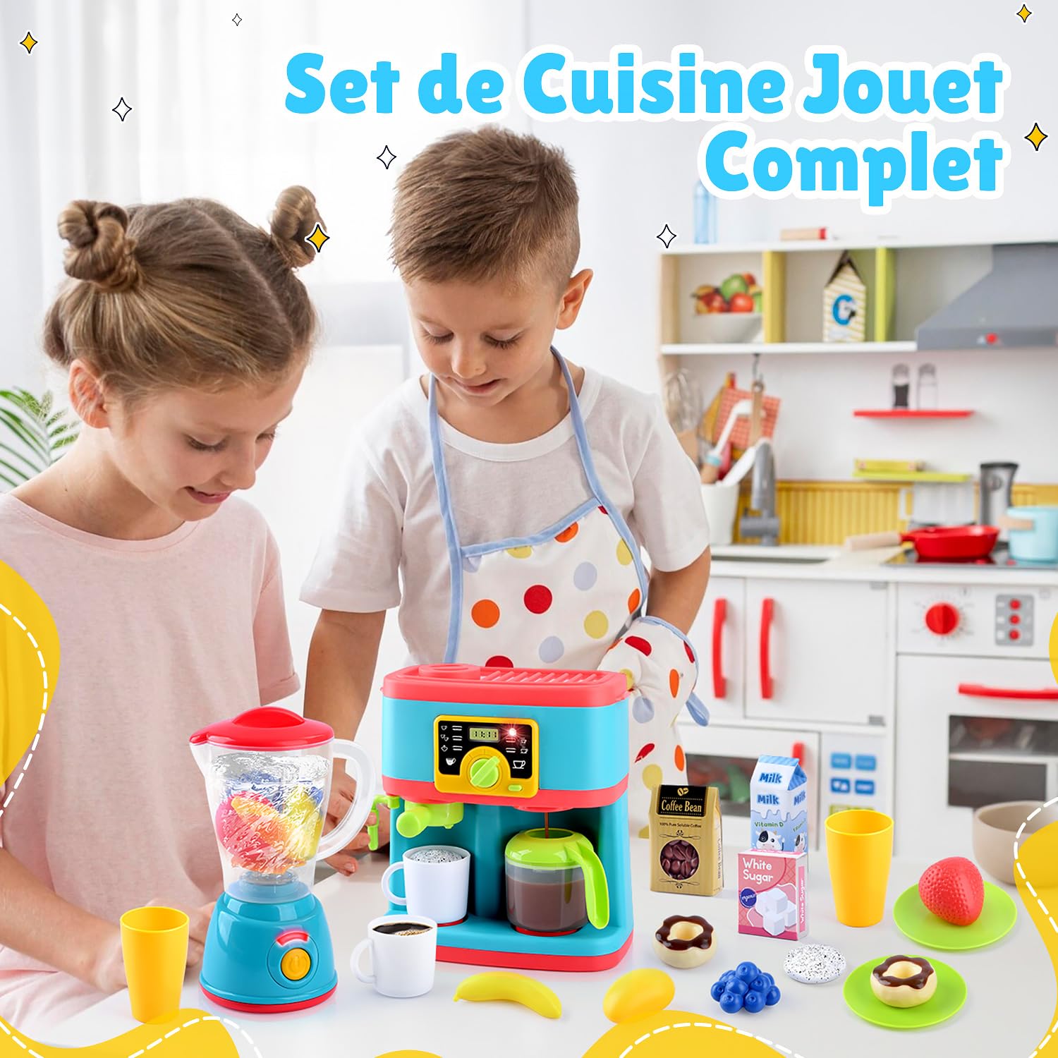PLAY Accessoire Cuisine Enfant, Set de Ustensile Cuisine Enfant avec Cafetière, Mixer, Jouets Alimentaires, Eclairage et Son Réalistes, Kit Cuisine pour Enfant 3+ Ans