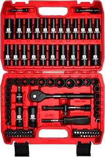 LLNDEI 95-Piece 3/8" Drive Impact Socket Set - SAE 5/16-3/4" & Metric 8-22mm Deep/Shallow CR-V Steel, Ratchet, Bits, Spark Plugs, 6-Point