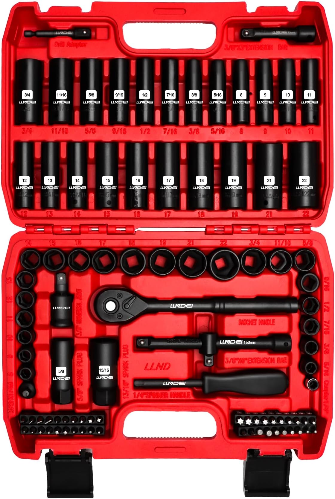 LLNDEI 3/8”Drive Impact Socket Set,Standard SAE(5/16 to 3/4-Inch) Metric Size(8-22mm), 95 Piece, CR-V Steel Deep&Shallow Kit, Adapters, Ratchet Handle, Screwdriver Bit Set, Spark Plug Socket, 6 Point
