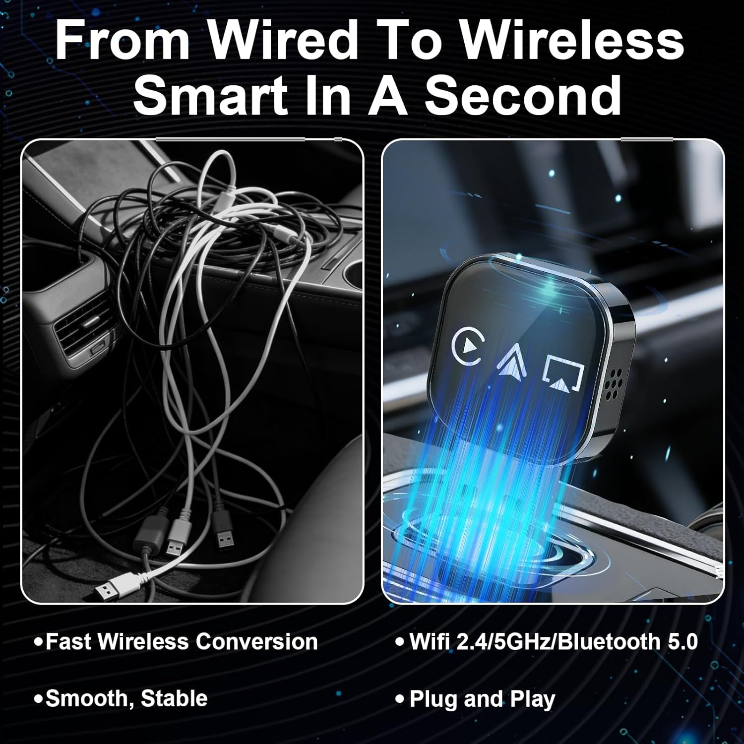 2026 Upgrade 3 in 1 Wireless Carplay Mirror Link Adapter for iPhone/Apple/Android Phone to Car Screen, Auto Connect-Black