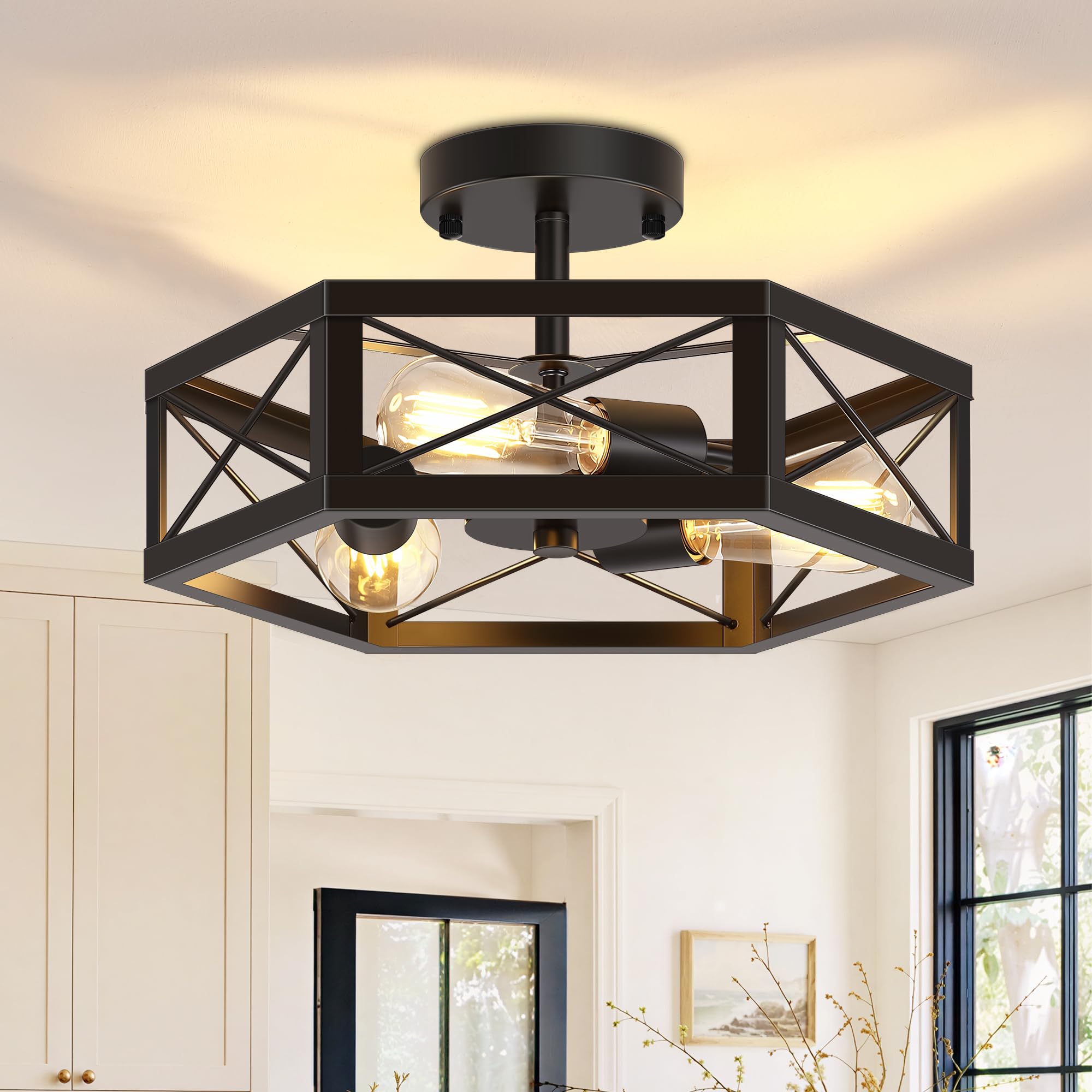 Photo 1 of Mikniri 3-Light Semi Flush Mount Ceiling Light, Kitchen Lighting Fixtures Ceiling, Black Dining Room Light Fixtures, Farmhouse Close to Ceiling Lights with Hexagon Cage for Bedroom Hallway Foyer
