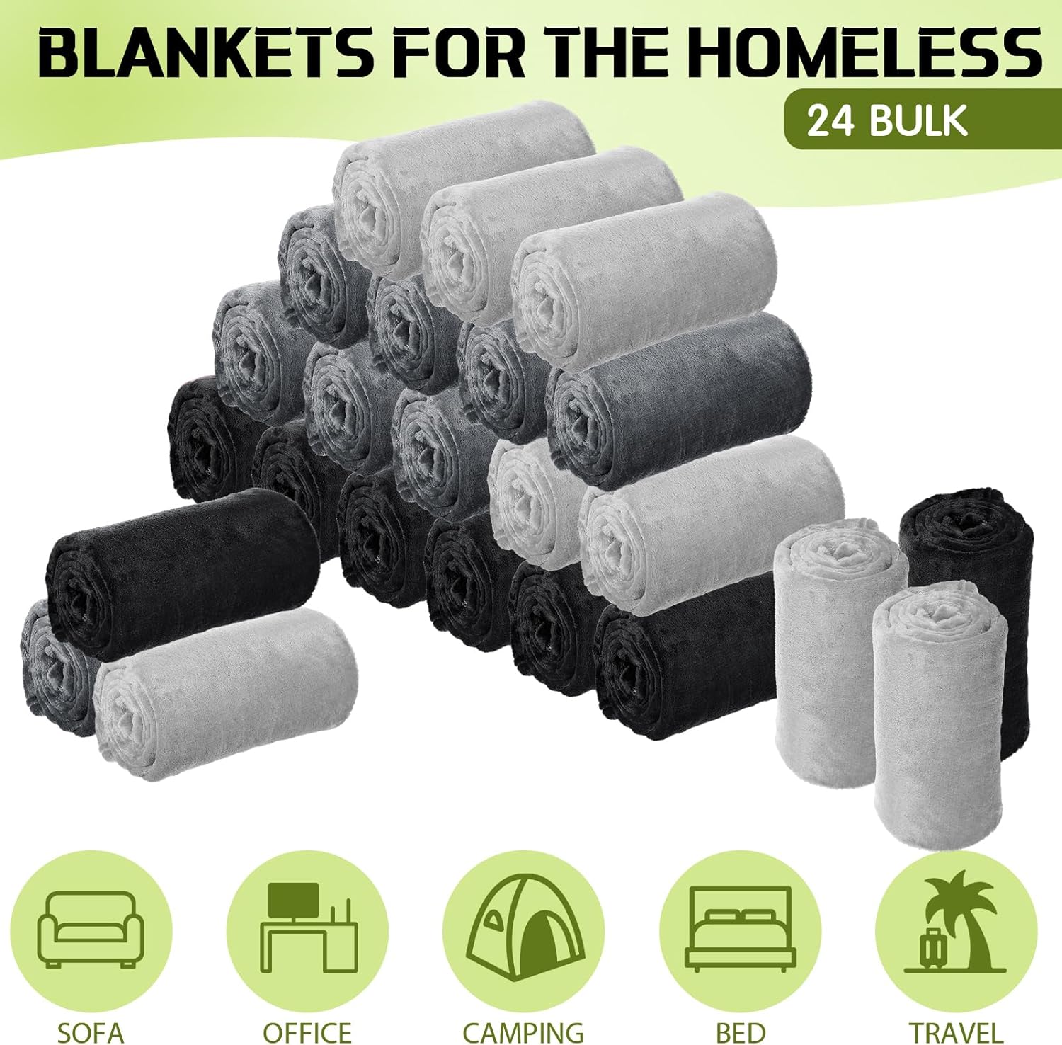 Toulite 24 Pcs Bulk Flannel Fleece Blankets for Homeless Donations Cozy Fleece Throw Blankets Winter Throw Blanket Bulk for Donations Bed Couch Sofa Home Camping Wedding Gifts (Black Gray,50x60 Inch)