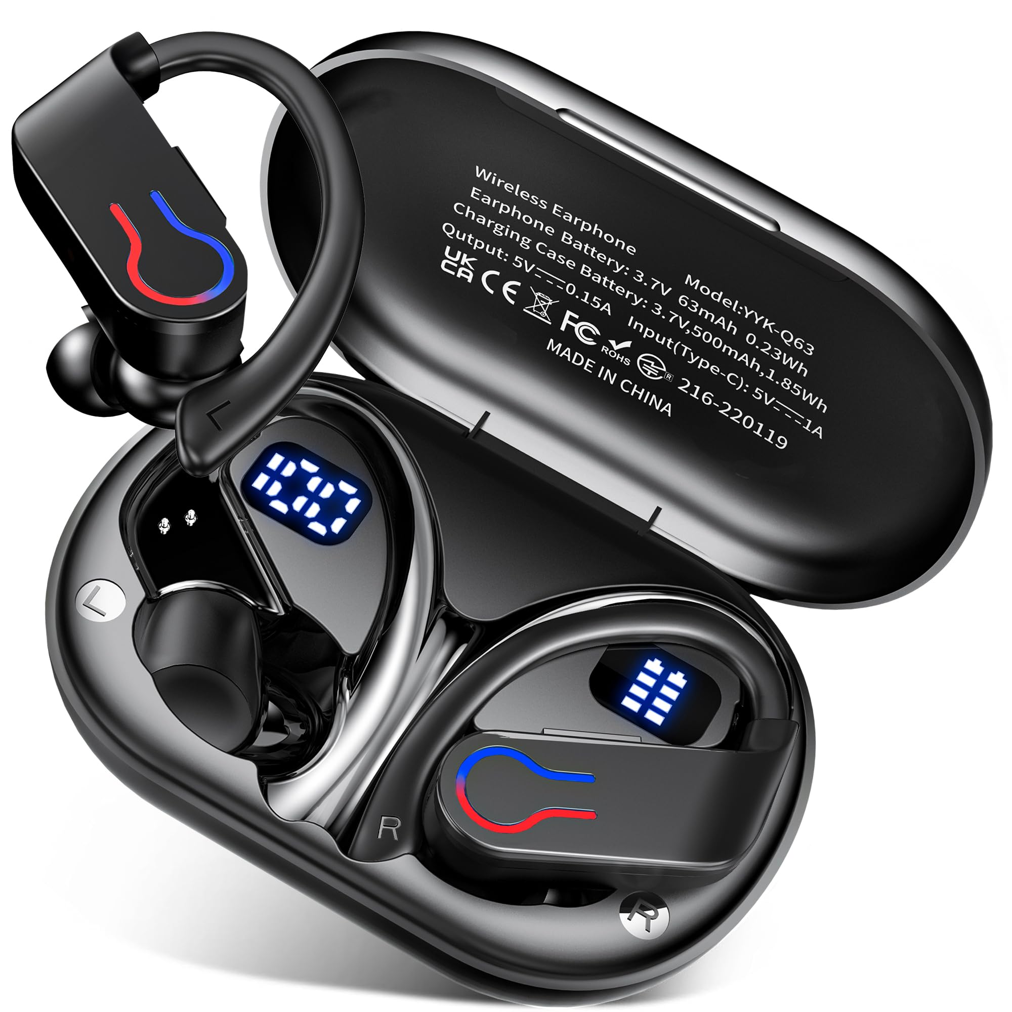 Paekole Auriculares Inalámbricos Deportivos Bluetooth 6.1 120H IPX7 | Gancho ergonómico, Pantalla LED, 120H batería, 4 mic ENC, driver 16.2mm, IPX7, botón físico, carga USB-C, ajuste seguro