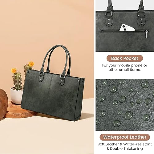 Miniatura 5 de LOVEVOOK Bolsa para laptop para mujer, bolso de mano de cuero vintage de 15.6 pulgadas de gran capacidad, maletín de hombro para computadora de