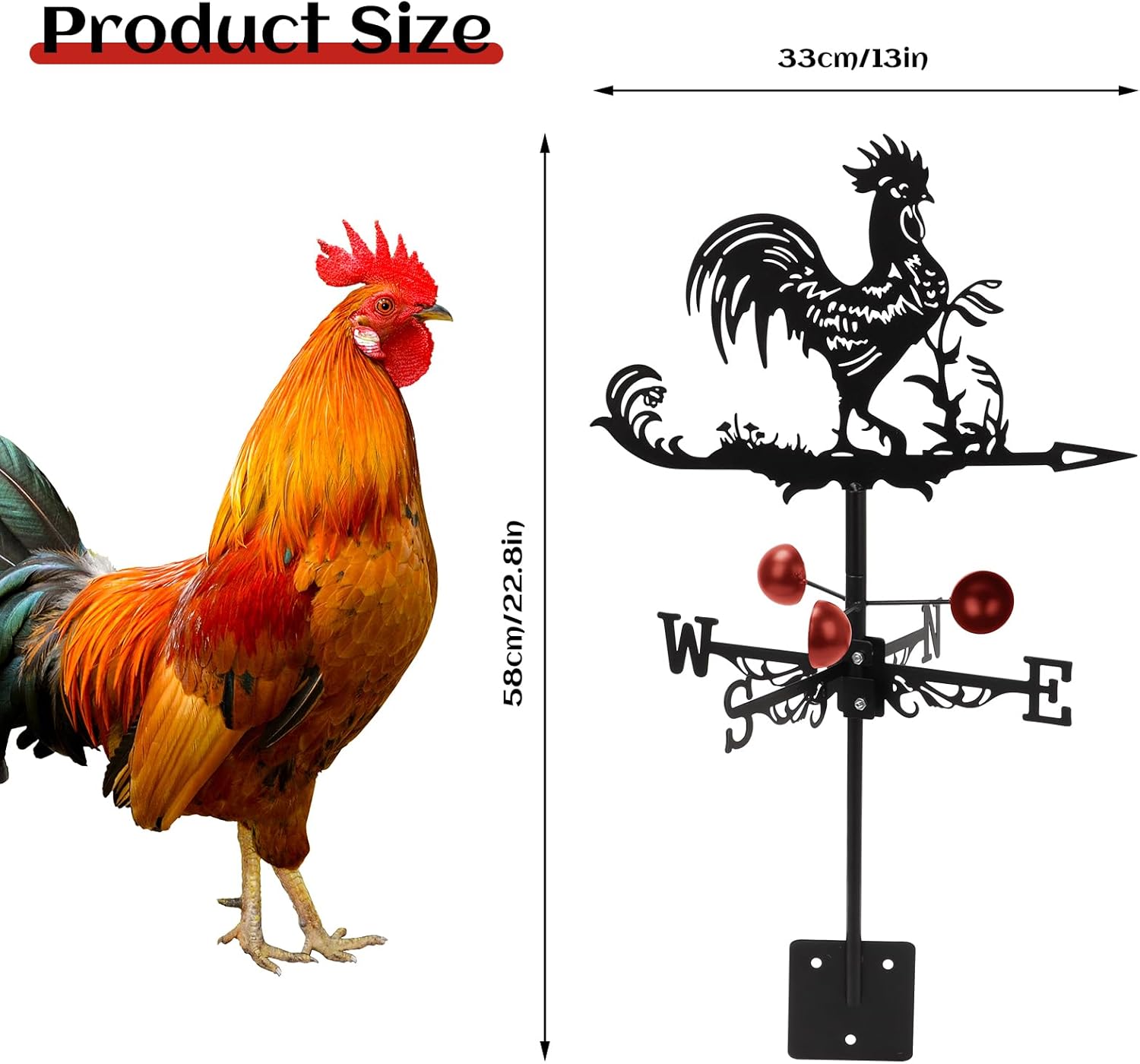 Qivine Rooster Weather Vane Roof Mount, Metal Weathervane Chicken Wind Vane Wind Direction Indicators Weather Vane Ornament for Shed Farmhouse Yard Patio Decor