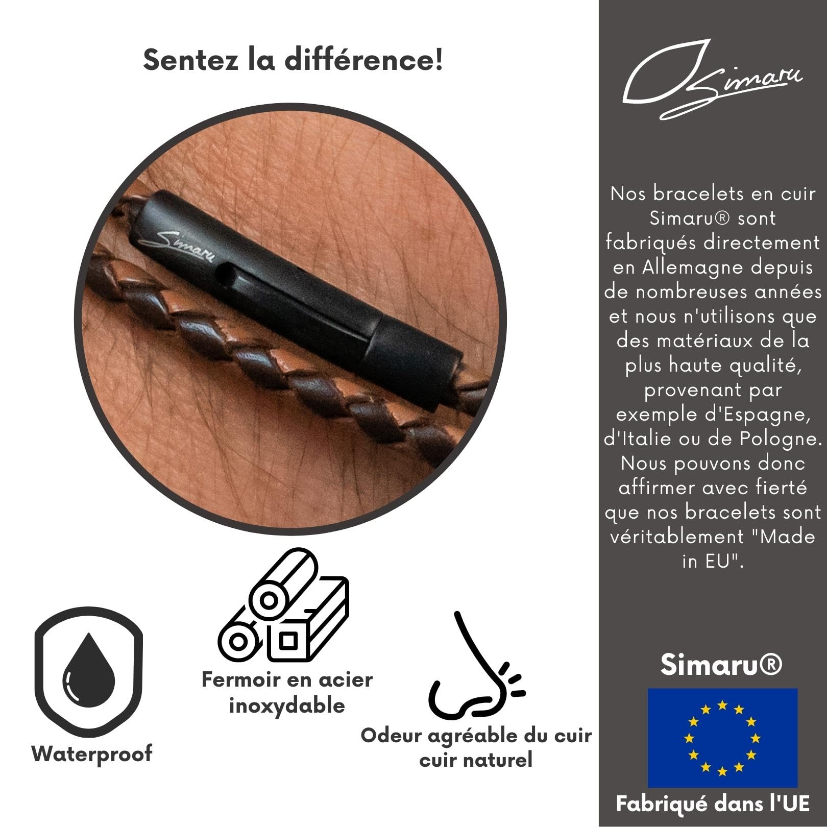 Simaru bracelet en cuir, 4mm tressé à enrouler pour femmes & hommes,enrouler en cuir véritable avec fermeture à crochet en acier inoxydable, Made in Germany