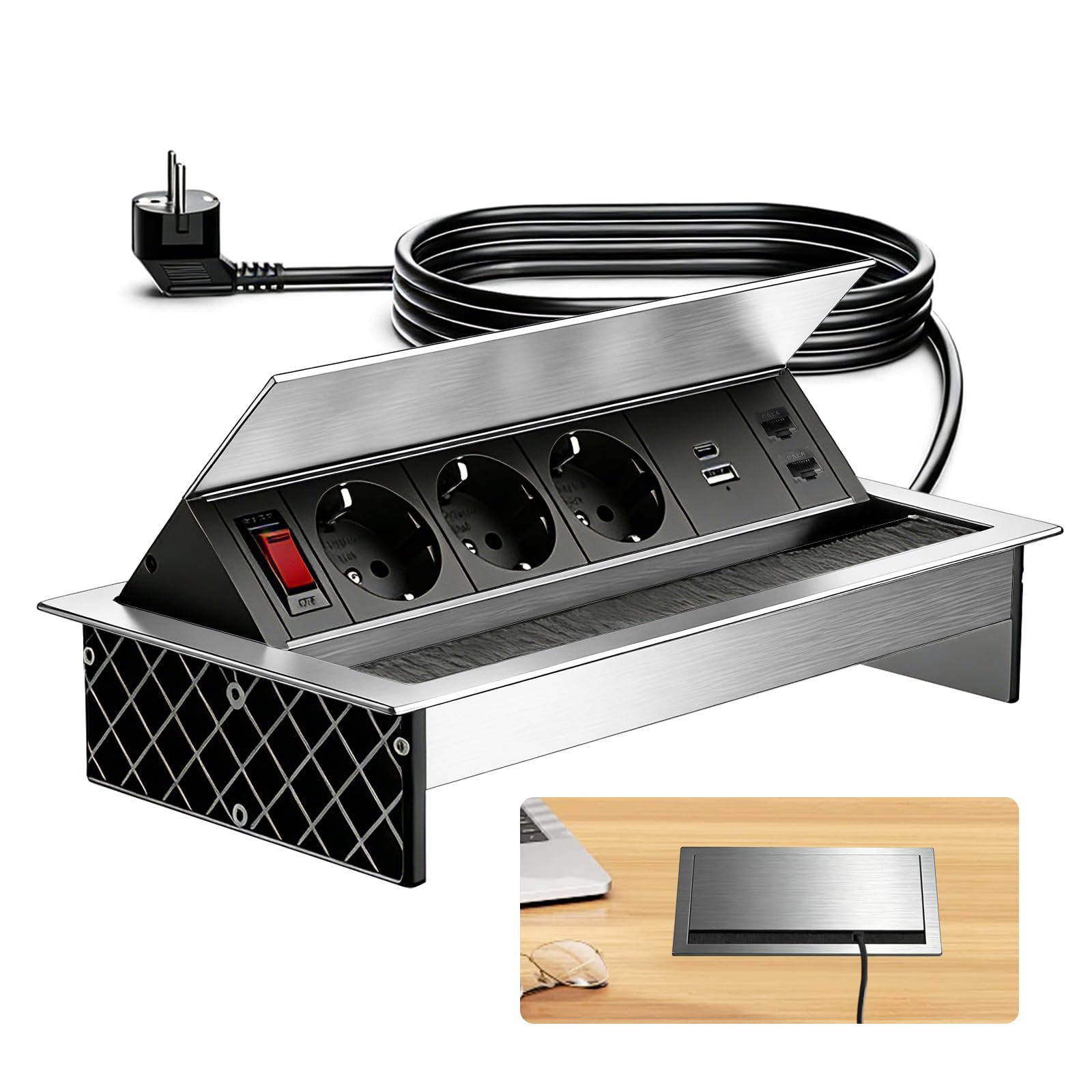 Enchufe Empotrable de Aluminio de 3 Enchufes con Tipo C, USB y 2 CAT6, Regleta Retráctil con Interruptor Ángulo Ajustable para Cocina, Escritorio y Oficina, Cable de 1,8M