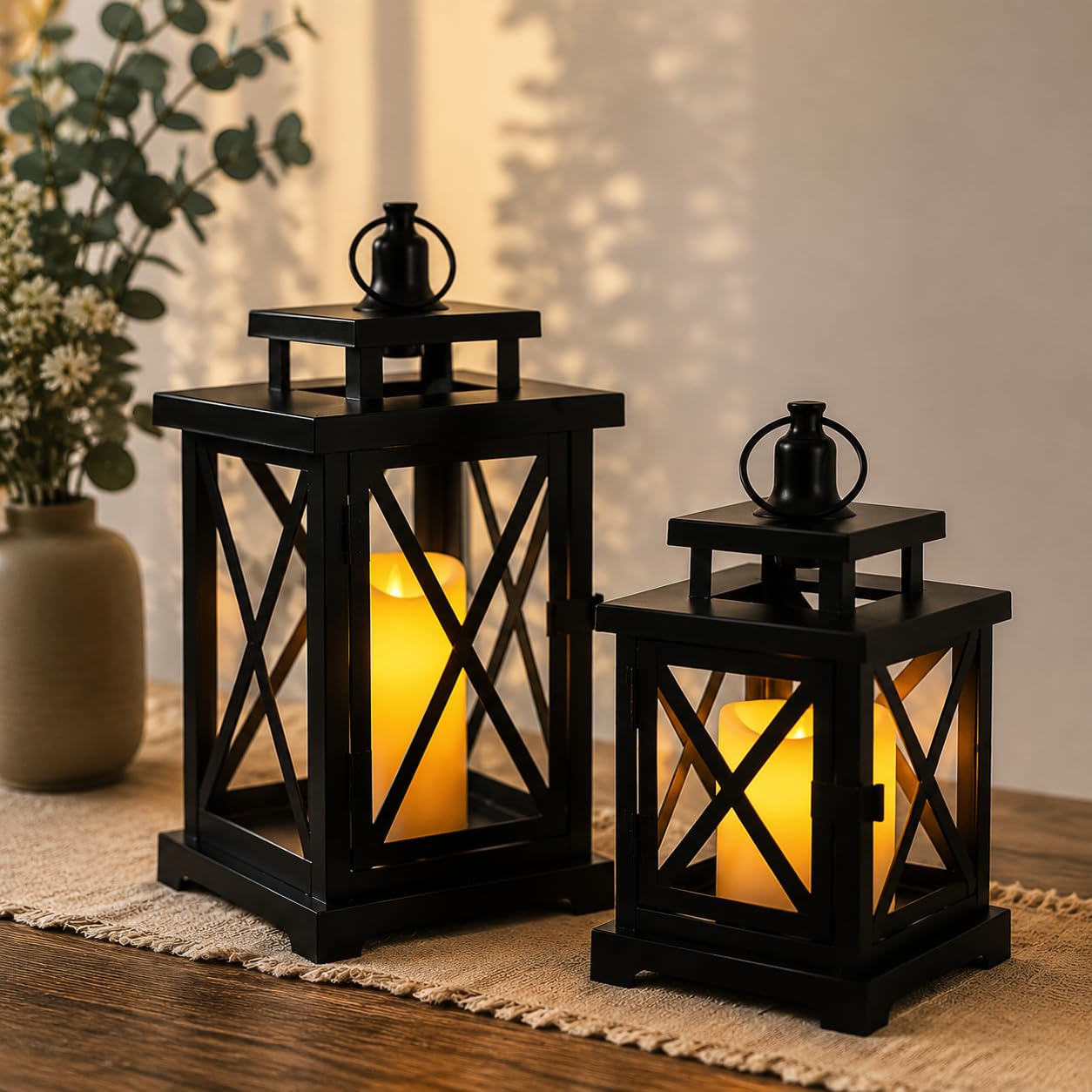 Jhy Design Metal - Black Set Of 2 Black Decorative Lanterns 32Cm & 23 Cm Metal Candle Lanterns For Indoor Outdoor Events Paritie And Weddings Vintage Style Hanging Lantern