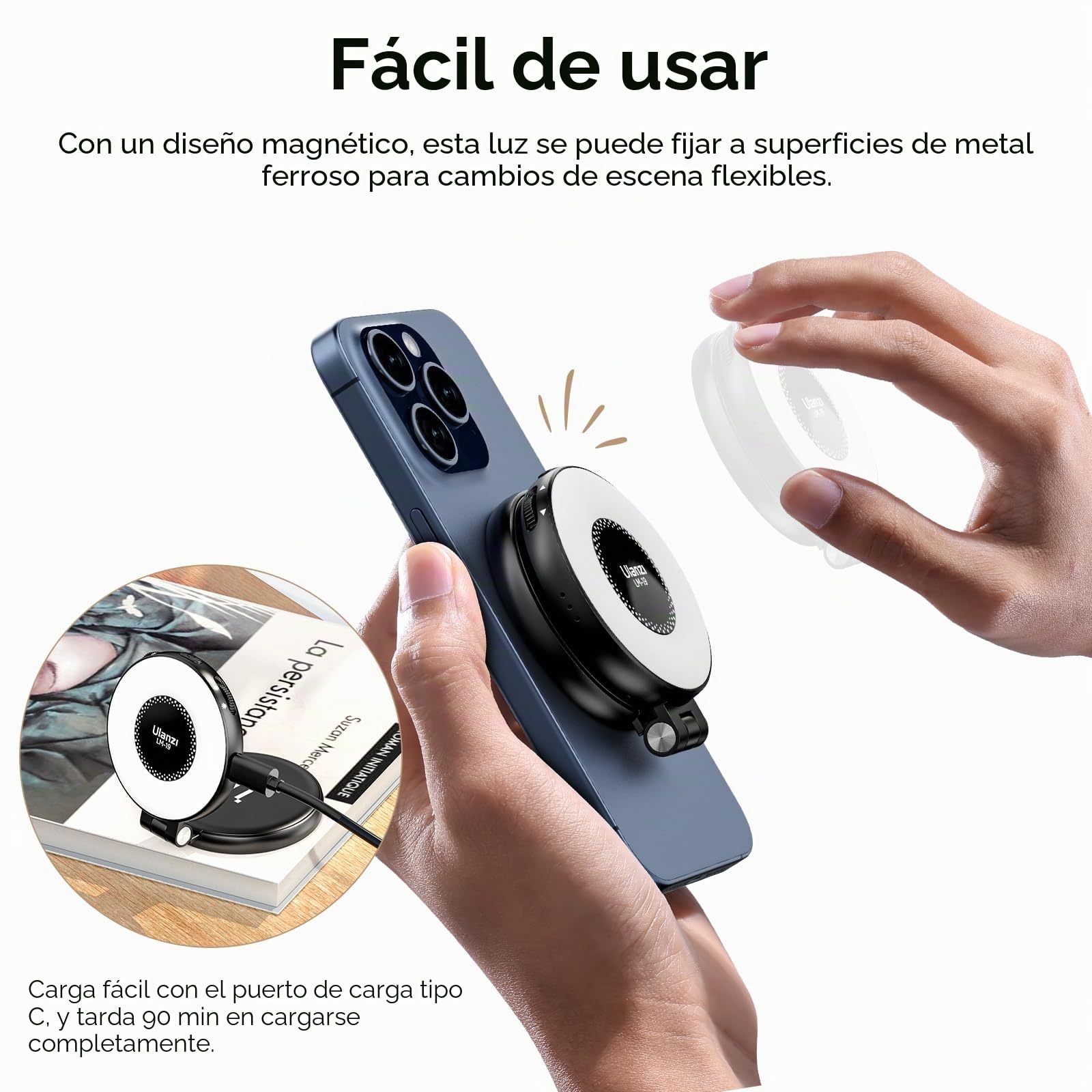 ULANZI LM19 Anillo Magnético Luz Teléfono Móvil, Selfie Luz Teléfono Móvil 3 con Temperaturas de Color 2500k-8500k CRI95, Video Luz Extensión Reversible para iPhone 16 15 Selfie Video Streaming Tiktok