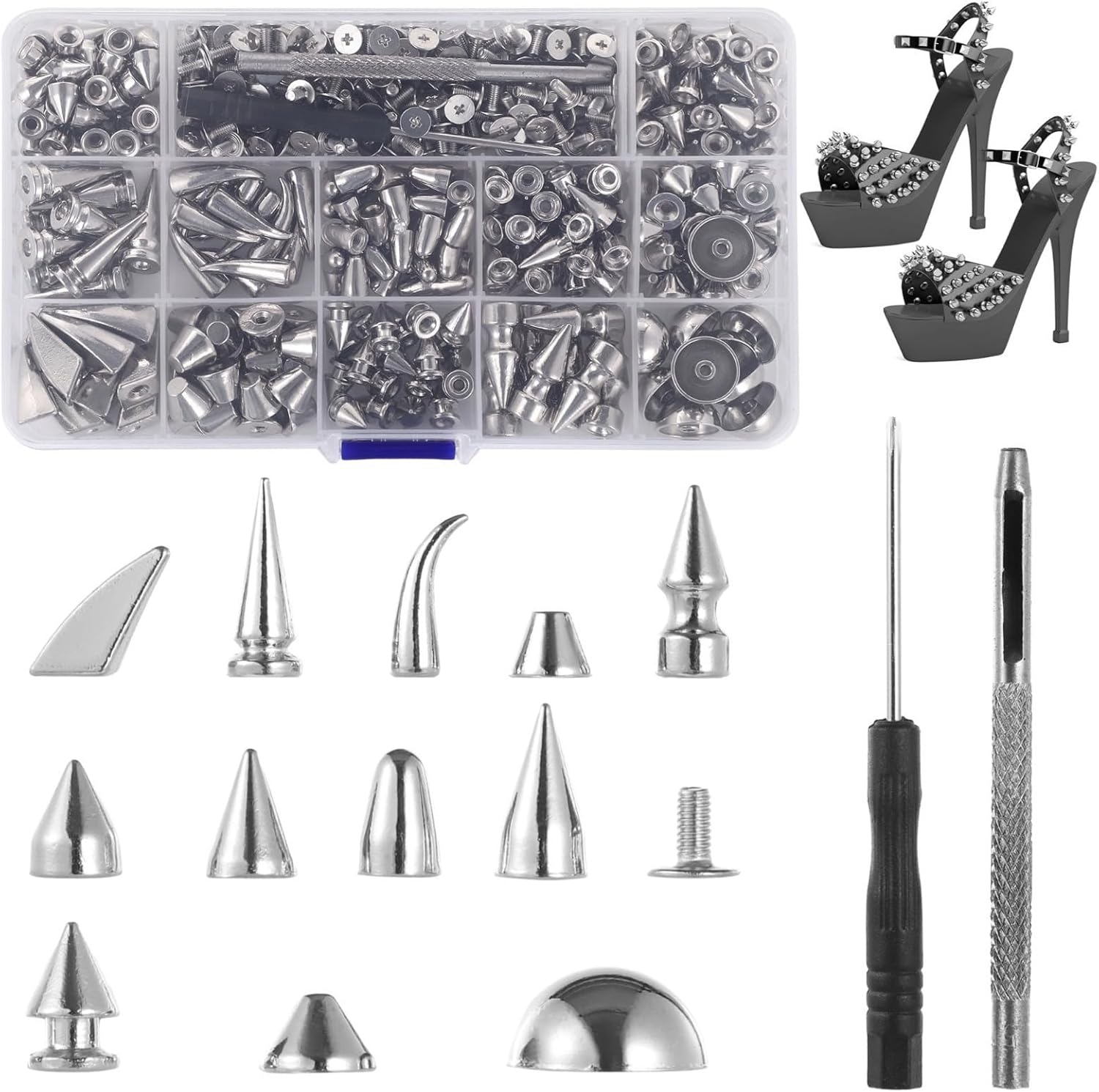 Silver Color Spikes and Studs 12 Styles, 270 Sets Mixed Shape Rivets