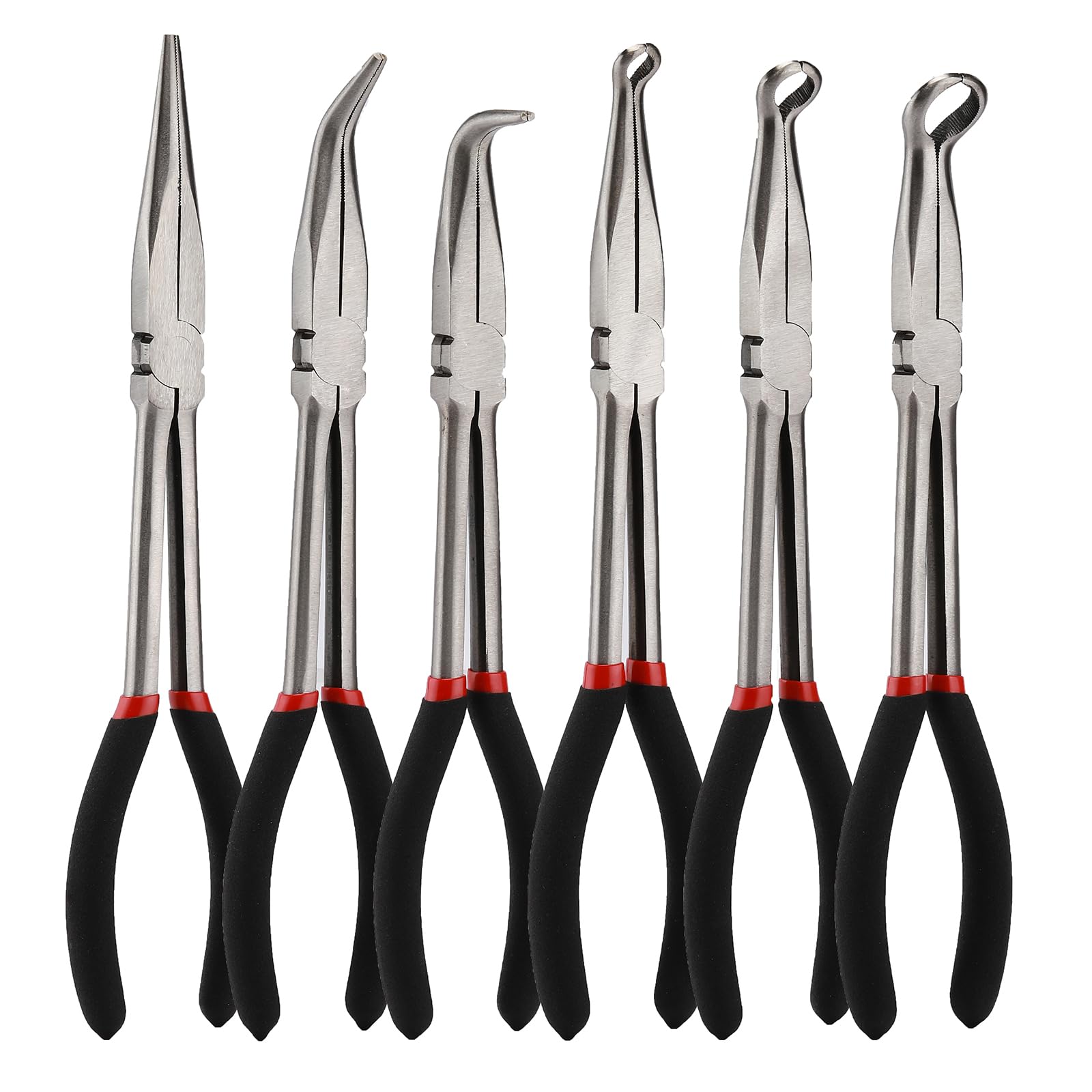 Mayouko 6PCS Extra Long Reach Pliers Set, 11" Straight, 45 and 90 Bent Nose, 5/16", 1/2" and 3/4" Circle Nose Pliers