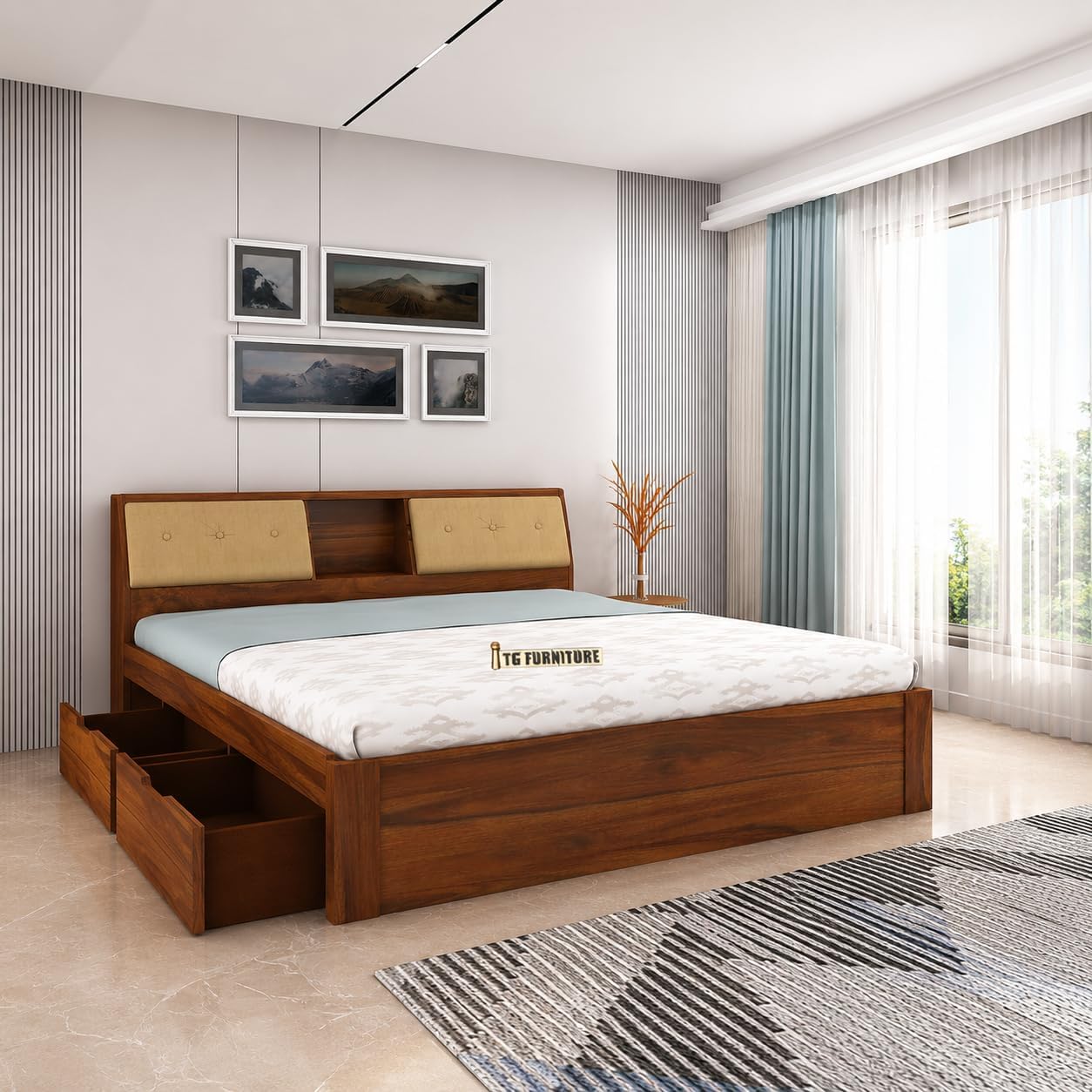 TG Furniture Sheesham Wood King Size Bed with Pullout Storage | Wooden Double Bed with 4 Drawer Storage for Bedroom & Hotel | Platform Cot Bed Palang | 78 * 72 Inch, Natural Finish
