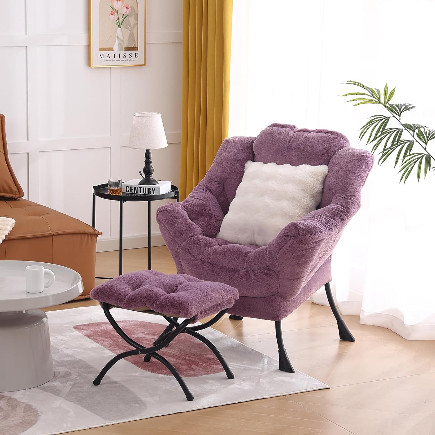 Lazy Chair with Ottoman, Large Purple Accent Chair with Ottoman and FA Throw Pillow, Comfy Plush Reading Chair for Living Room Bedroom Dorm Room Office Apartment Relaxing Use