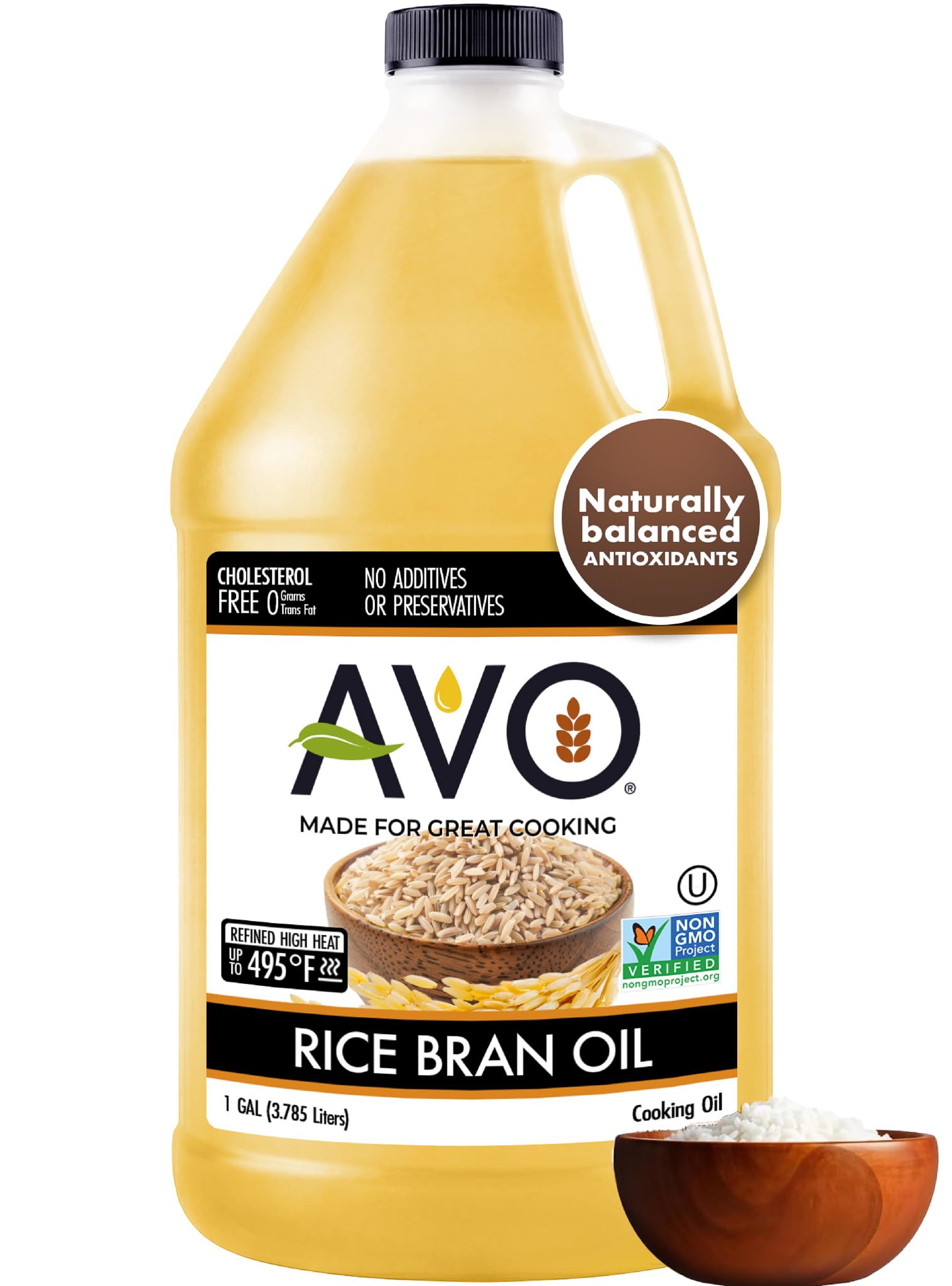 AVO Rice Bran Oil for Cooking or Frying, 1 Gallon, NON-GMO, No Preservatives, High Smoke Point 490°F Rice Oil