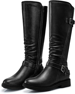 SHIBEVER Womens Knee High Boots Comfortable Round Toe Low Heel Tall Booties with Side Zipper Fall Winter Dressy Shoes